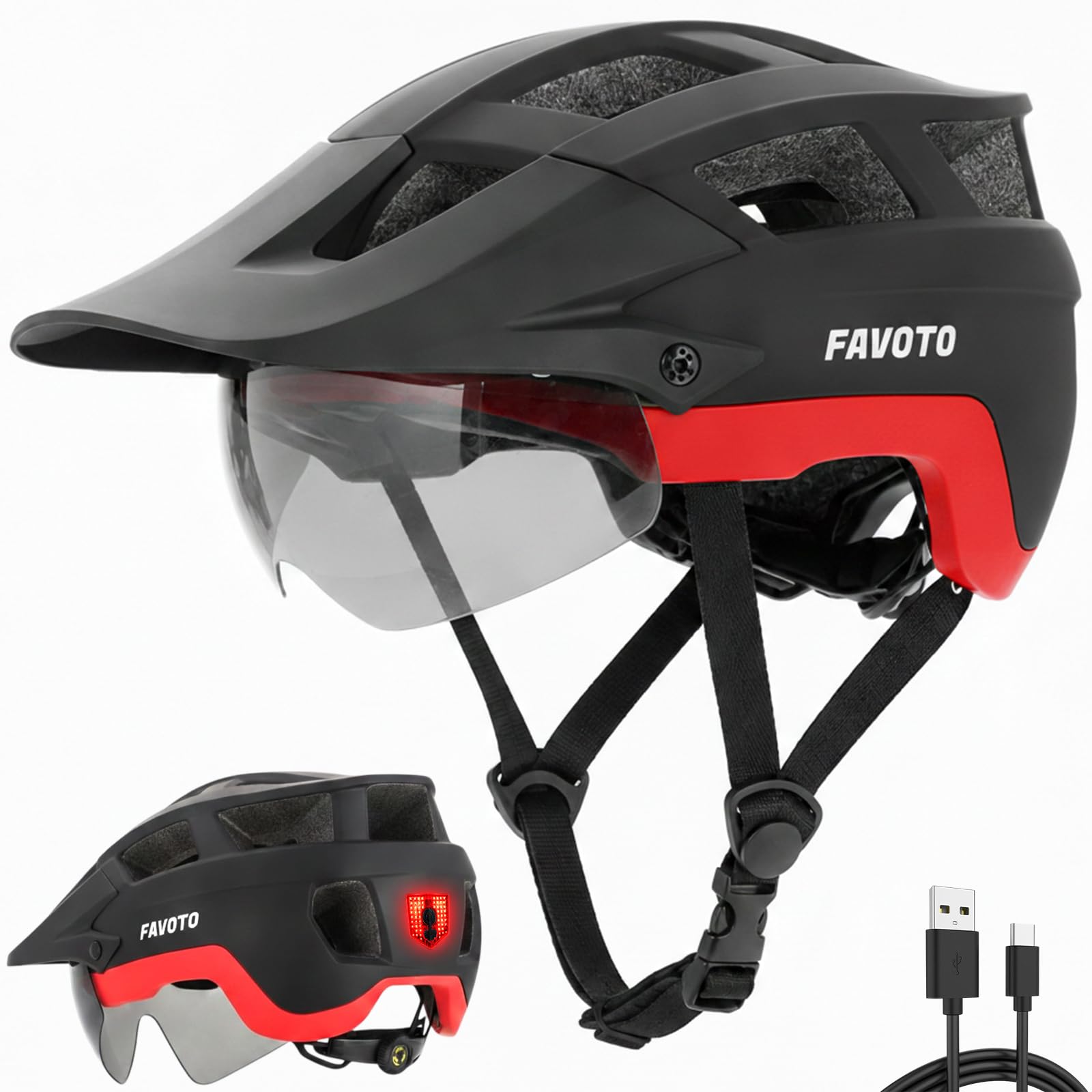 Favoto Casque de vélo Adulte pour vélo de Route et Montagne avec lumière LED arrière Rechargeable par USB, Lunettes magnétiques et Pare-Soleil Amovible, Casque pour Homme et Femme