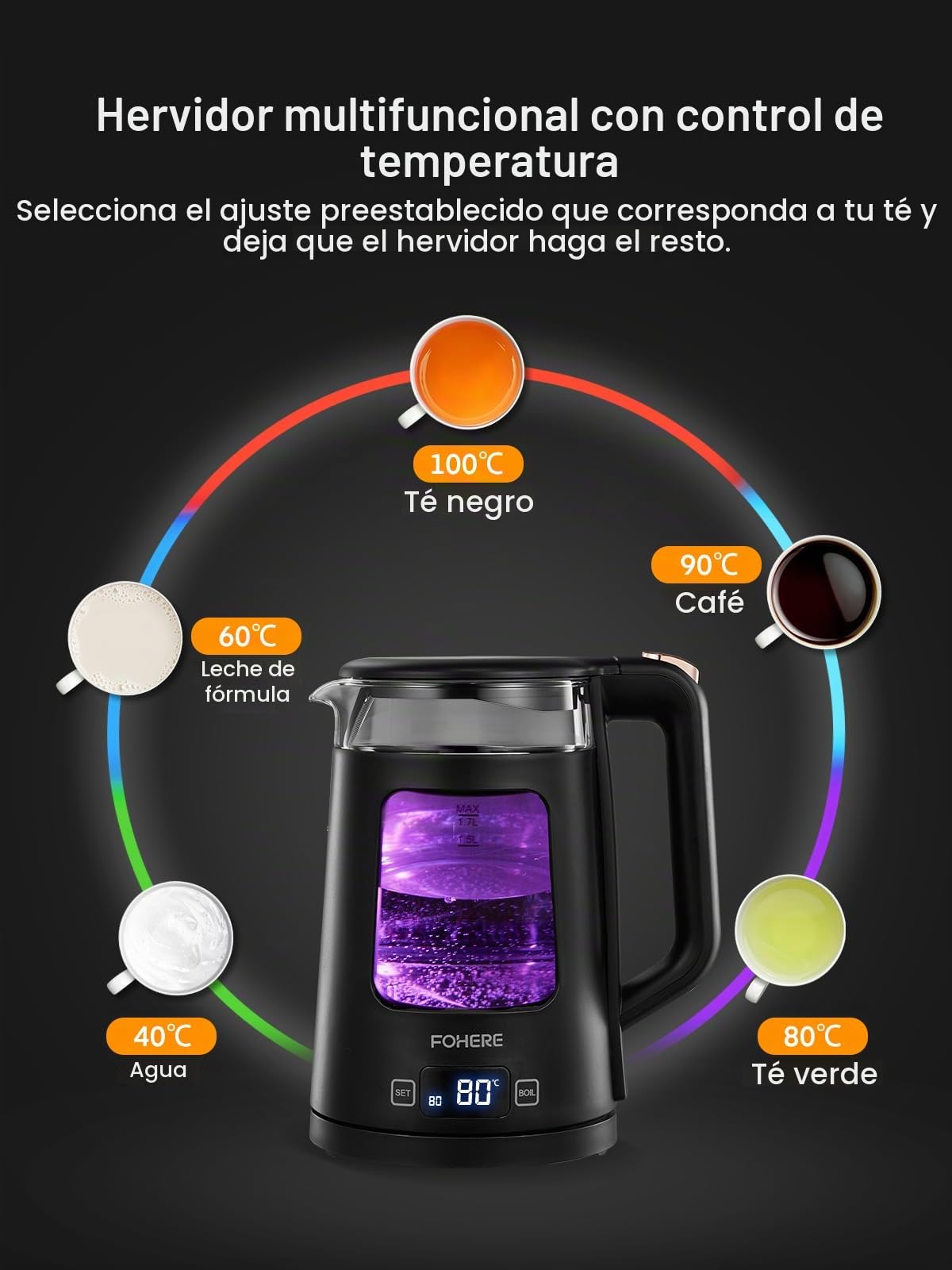 Hervidores Eléctrico, Hervidor de Vidrio de 1.7L con Mantenimiento del Calor, 5 Controles de Temperatura, Ebullición Rápida de 2200W, Apagado Automático y Protección Contra el Hervido en Seco, Negro
