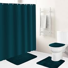 Icegrey 4PCS Family Shower Curtain Sets with Non-Slip Rug, Toilet Lid Cover, Bath Mat, Home Bathroom Decor Set Accessories Waterproof Shower Curtains with 12 Hooks, Dark Green