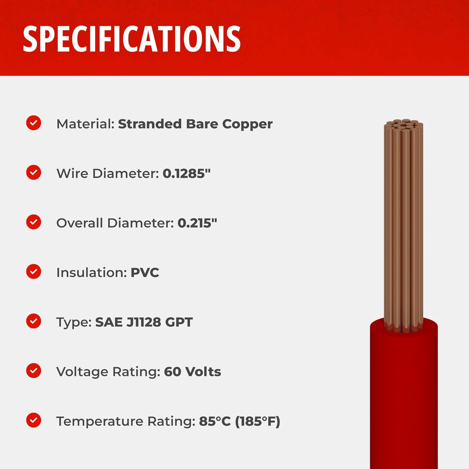 8 AWG Gauge Primary Wire, Stranded Hook Up Wire, 25 ft Length, Red, 0.1285" Diameter, 60 Volts