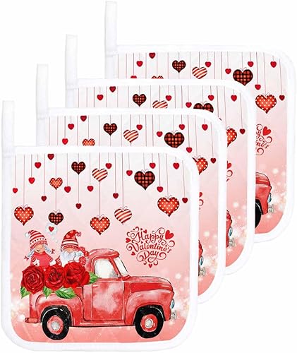 Miniatura 1 de 4 Packs Valentine's Red Truck Pot Holders Sets for Kitchen,Oven Pan Plate Bowl Pads Heat Proof Mat with Hanging Loop,Thick Terry Cloth Potholders