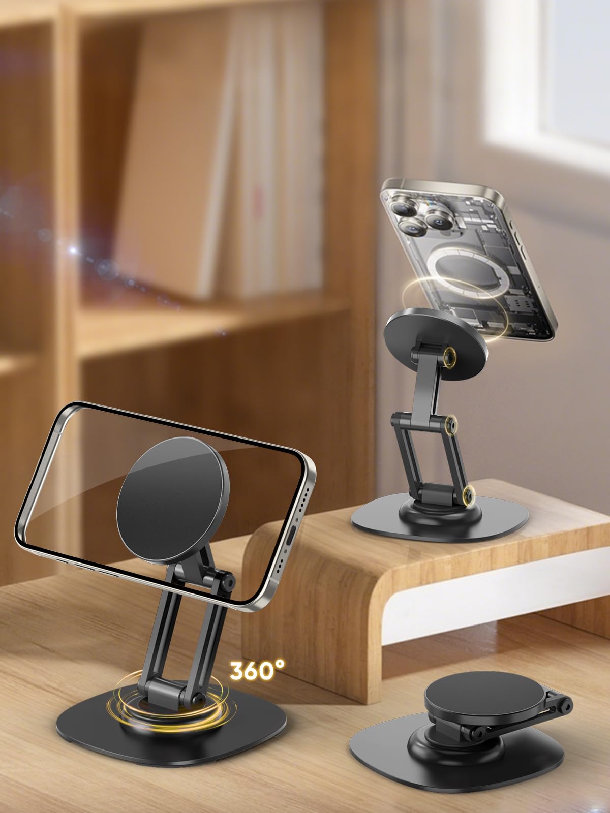 CableCreation Magnetic Phone Stand 360° Rotating Foldable Desk Mount with N52 Magnet, Triple-Axis Adjustable Holder for iPhone 12-15 (MagSafe Built-in), Universal Ring Kit Included,Black-image-37