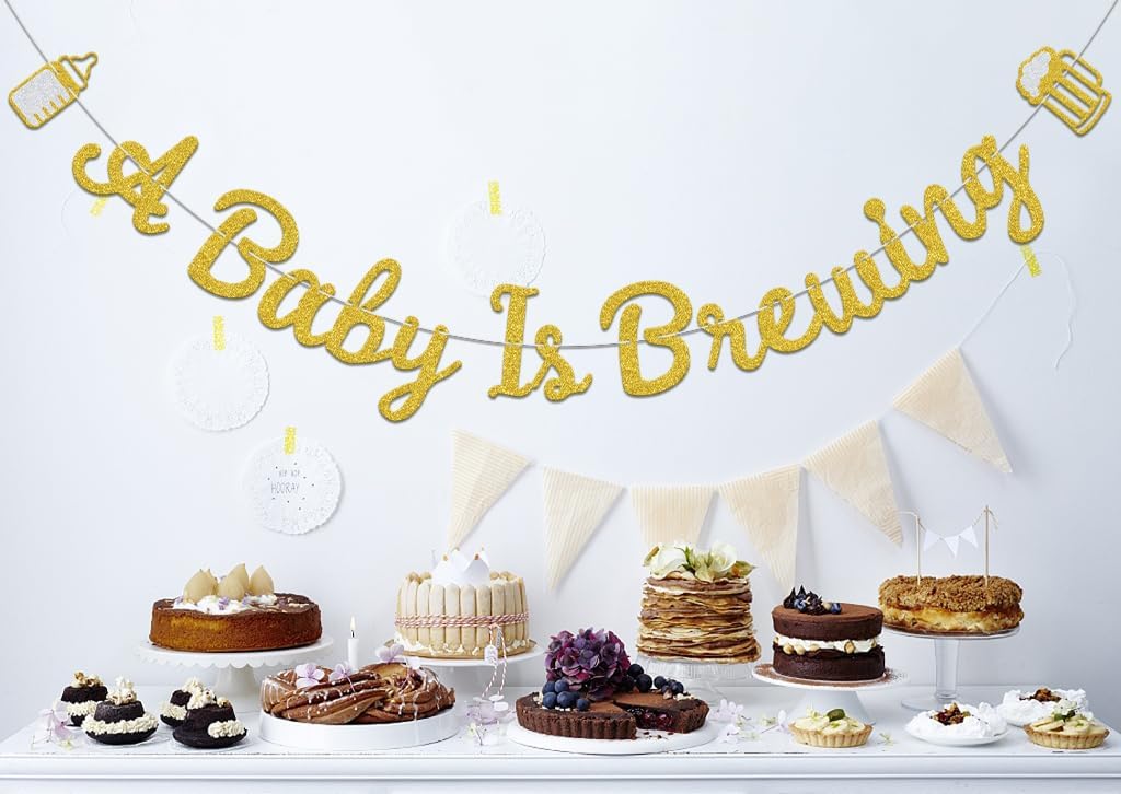 A Baby is Brewing Banner, Baby Shower Decorations, Funny Pregnancy Announcement Party Decor Sign, Boy or Girl Gender Reveal Party Supplies Gold & Silver Double-Sided image 3