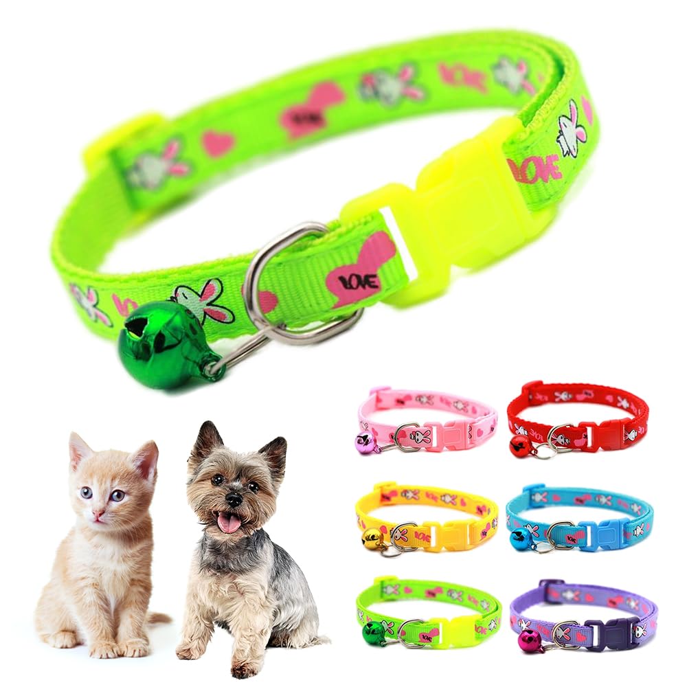 Green Small Cat Collar with Bell,Rabbit Pattern Dog Collar Girl Cute Fancy Puppy Collar with Bells for XXS XS Tiny Little Kitten Pet Female Dogs,Neck