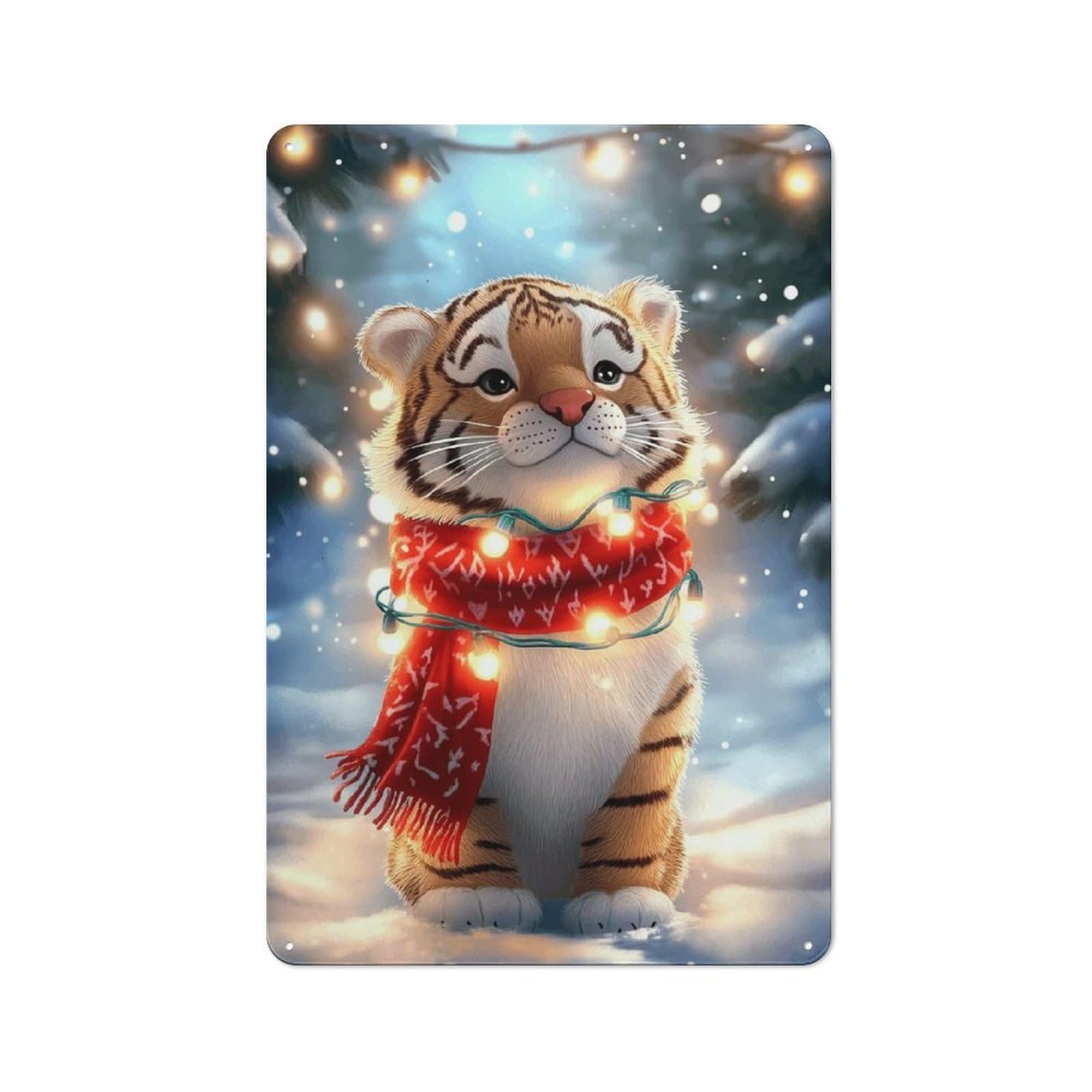 Cute Tiger Cub in Winter Decorative Metal Plaque 30x20cm, Loft Style Urban Room Decor for Flat, Bar, Studio Or Gallery Wall