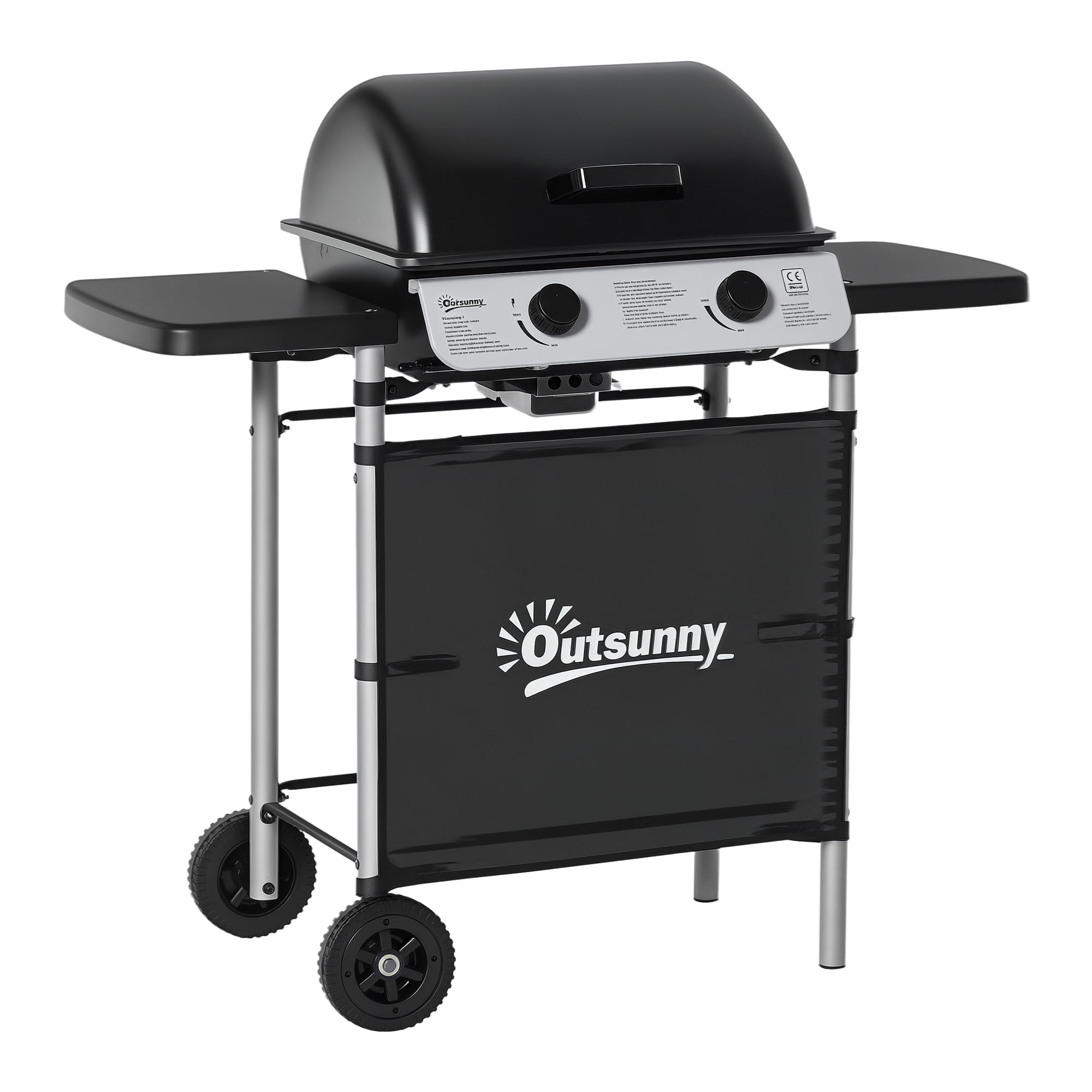 Outsunny Barbecue Gaz 2 Brûleurs en Acier Inoxydable, Puissance 2,8 kW, Barbecue de Jardin, 2 Grilles en Chromé, 2 Étagères Latérales, 2 Roues, pour Camping, Balcon et Terrasse, Noir
