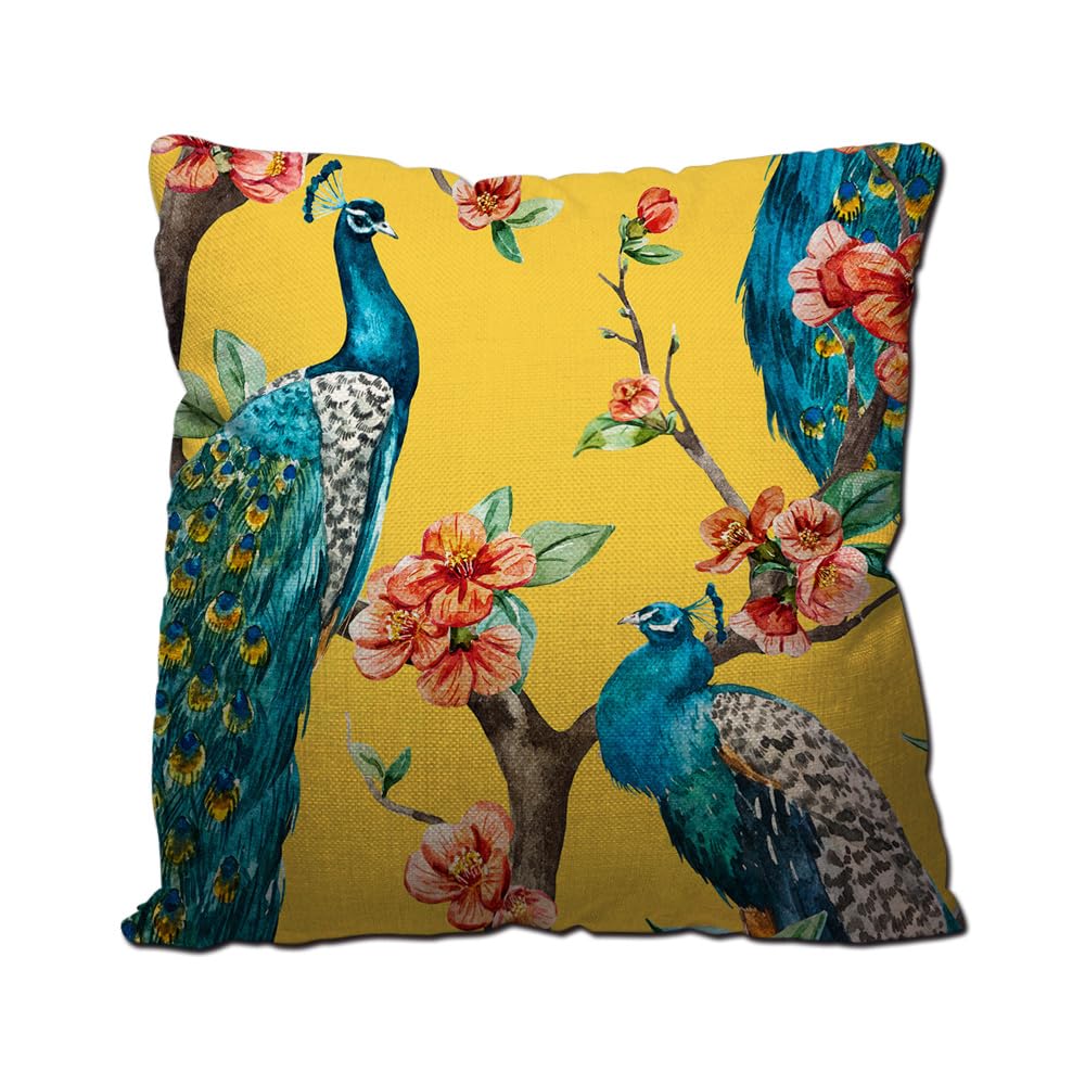 IBILIU Peacock Painting Throw Pillow Covers 18X18,Watercolor Peacock Cherry Blossom Flower Yellow Cotton Linen Cushion Cases Decorative Pillow Cases for Couch Sofa Bedroom