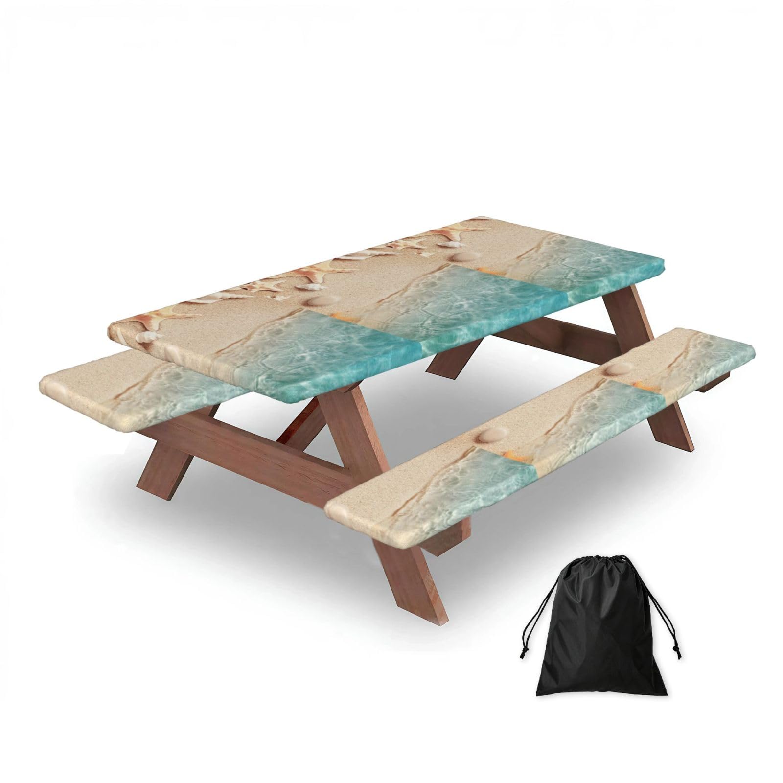 Sea Sand With Starfish, Picnic Table Cover With Bench Covers -Waterproof Elastic Fitted Tablecloth for Garden Camping Patio 76x152cm