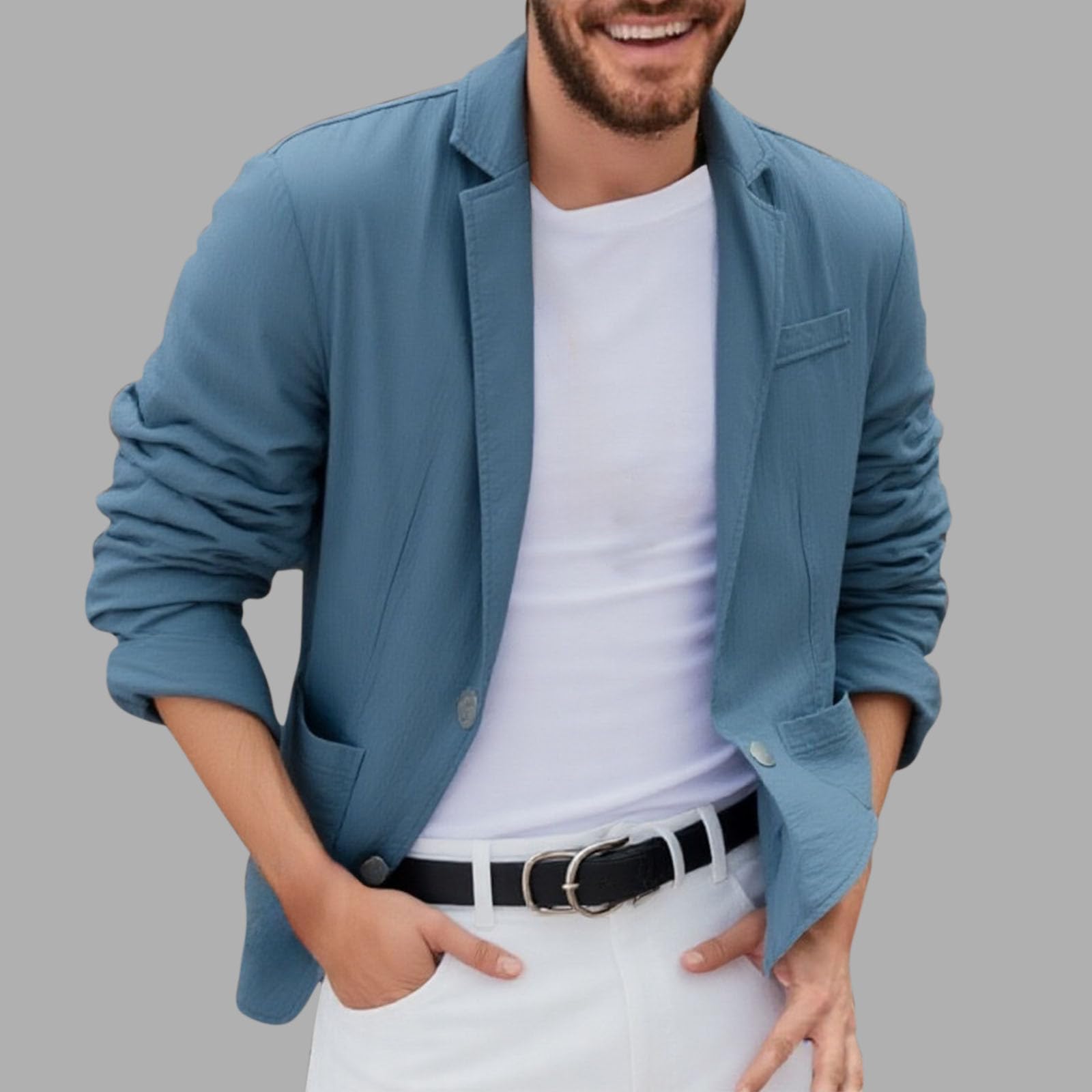 Blazer Hombre,Algodón y Lino Chaqueta de Traje Americanas Primavera Verano Abrigo Botón Moda Casual Slim Fit Elegant Negocios Oficina Color Sólido Outwear Bolsillo Basic Tops Talla Grande