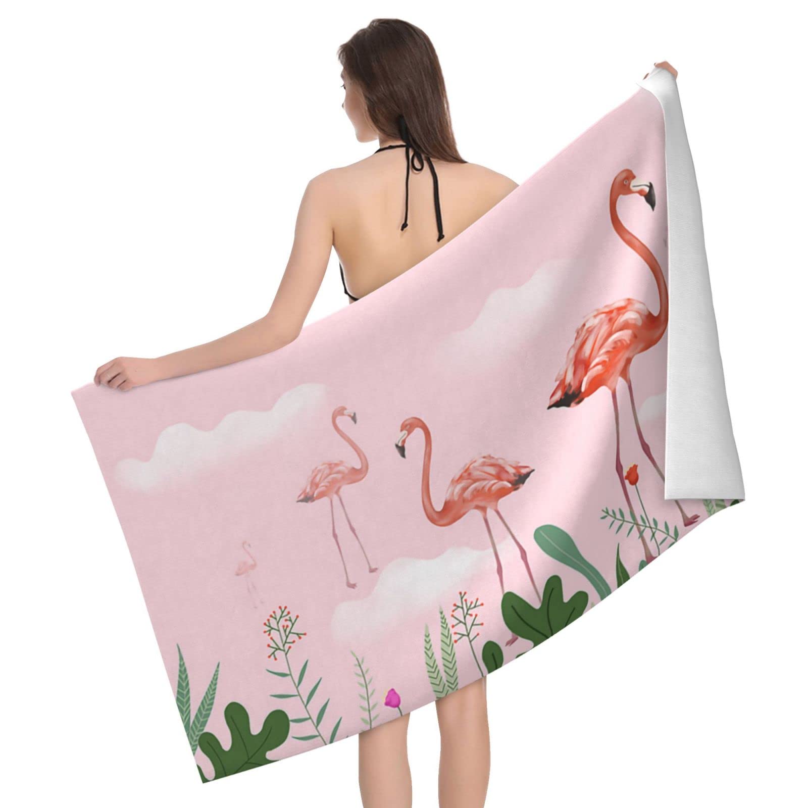 Lawenp Pink Flamingos Beach Towel, Lightweight Sand Free Quick Dry Microfiber Absorbent Bath Towel for Kids, Adults, Swimming, Bath, Yoga, Pool, Travel, Camping 32"X52"