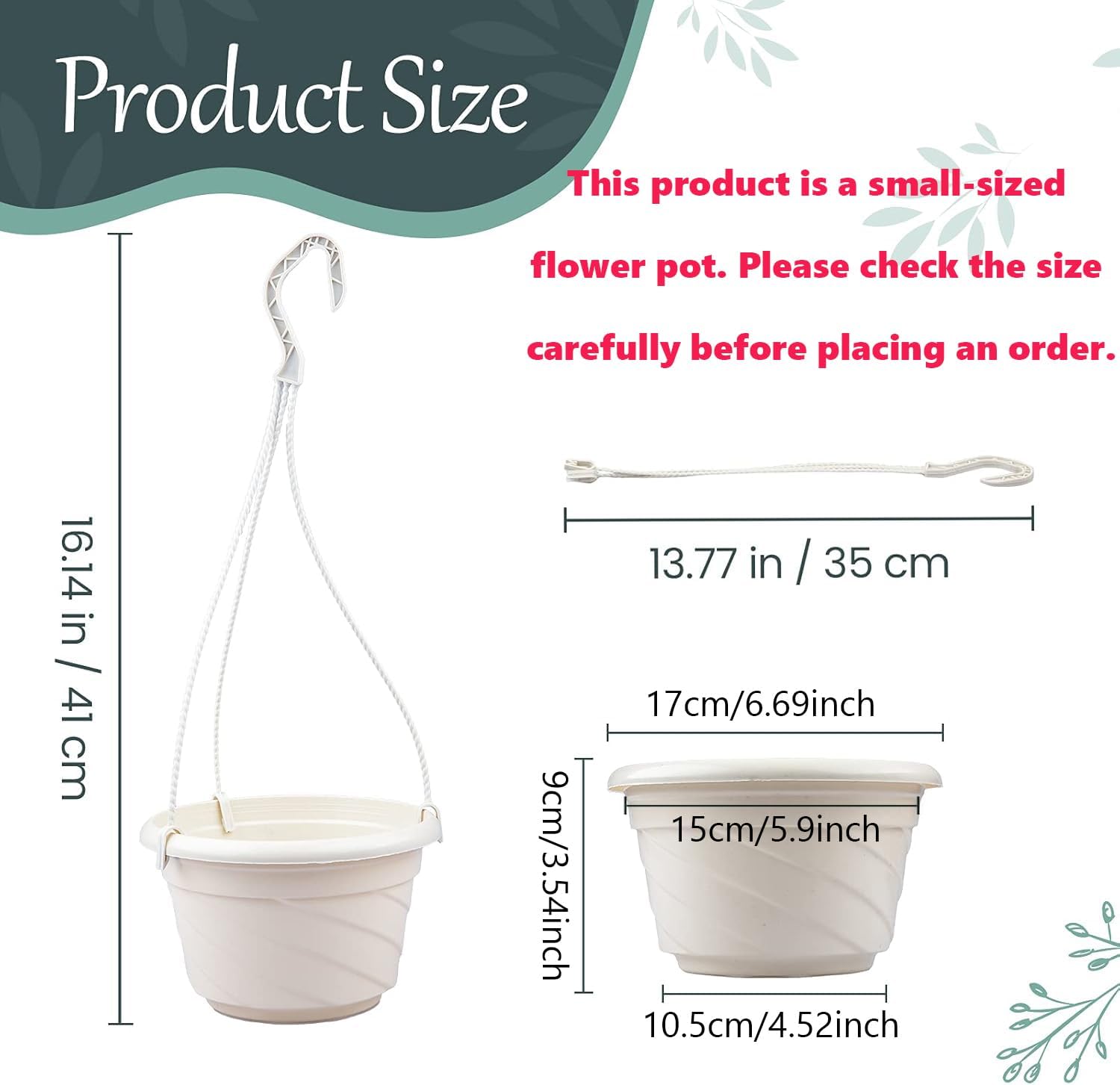 4 Pieces Plastic Hanging Planters, 5.9 in Dia x 3.54 in H, Flower Plant Basket Pots Chain Holder Garden Decoration for Indoor and Outdoor Use, Beige White & Red