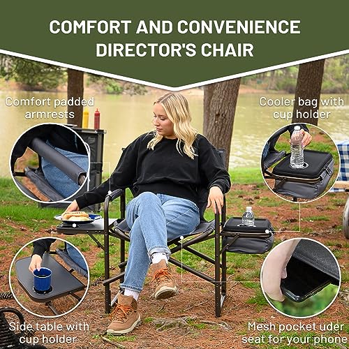 Timber Ridge Lightweight Camping Chair, Portable Laurel Director's Chair With Foldable Side Table, Cooler Bag & Mesh Pocket, Compact Outdoor Folding Lawn Chair, Supports 300Lbs, Grey #TOP2