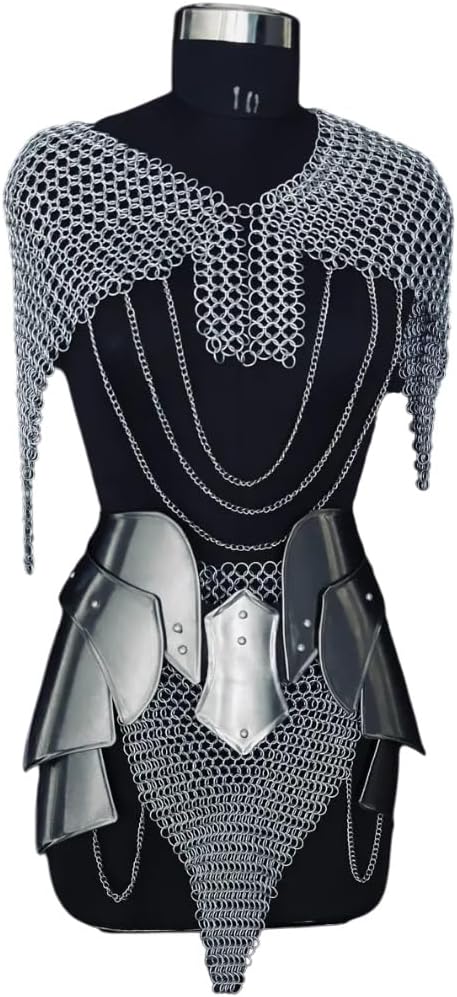 Medieval Brave Lady Chainmail Armor Corset-Women's Armor Costume Iron Chainmail Armor Tasset & Chainmail Top-Female Fantasy Armor Perfect For LARP, Re-enactment, Cosplay & Halloween Party Costume