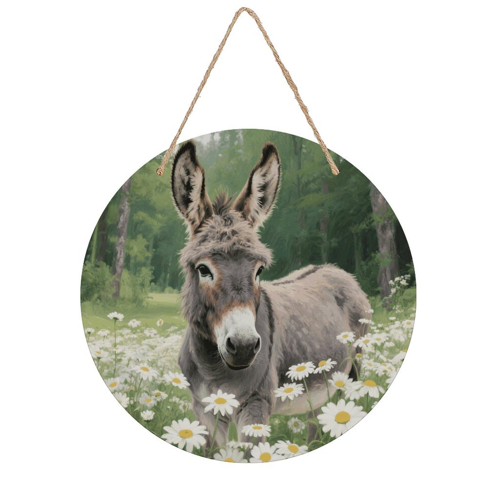 VstaDank Donkey in Daisy Bush Wooden Wall Art Decor Round Wood Plaque Wooden Door Hanger Sign with Hole And Hanger Rope Trend Wood Decorative Paintings for Home Outdoor Indoor 7.87 Inch
