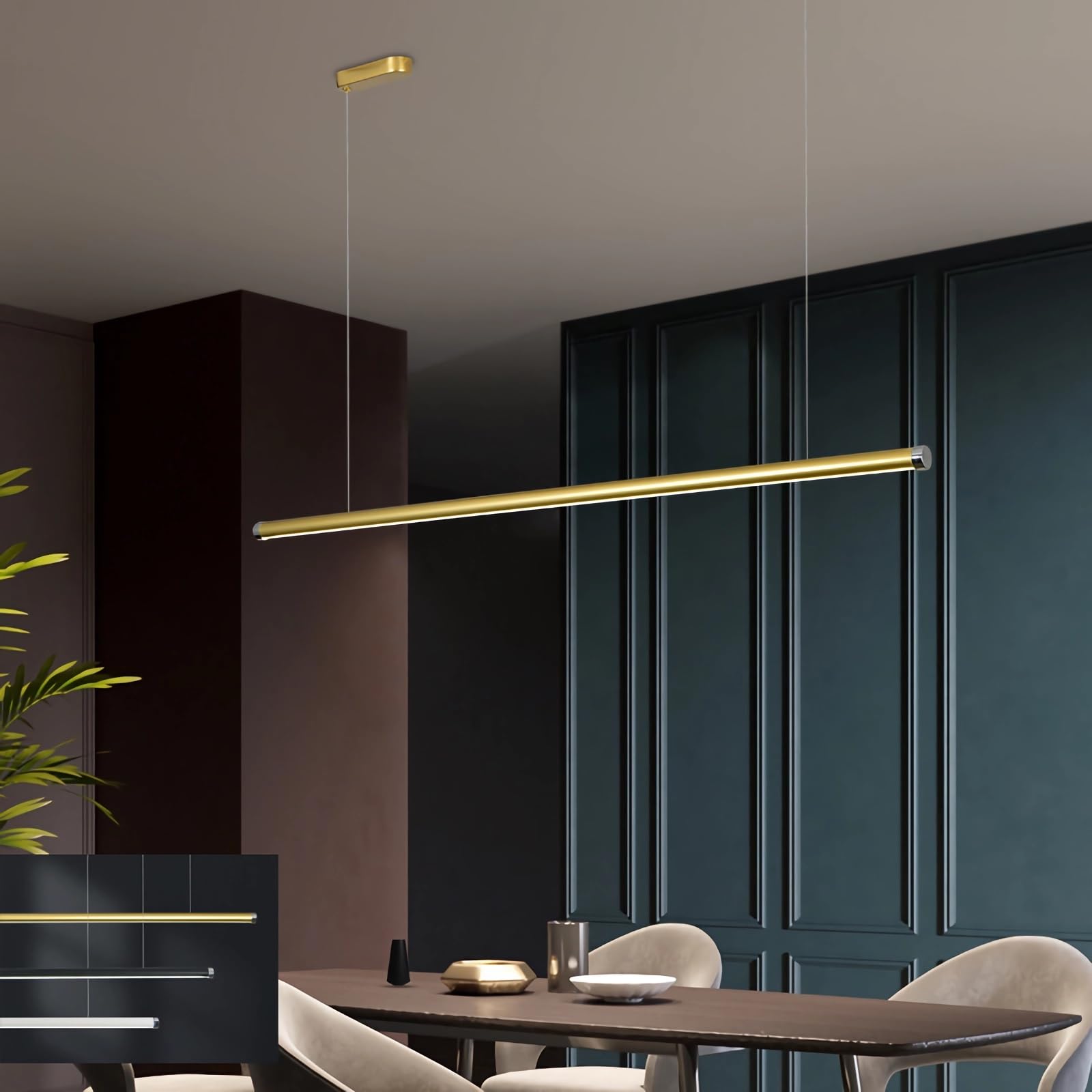 Lampadario a Sospensione dimmerabile con Telecomando, Moderna Lampada a Sospensione Regolabile in Altezza per Sala da Pranzo, Cucina, Ufficio e Bar, Oro 150 cm