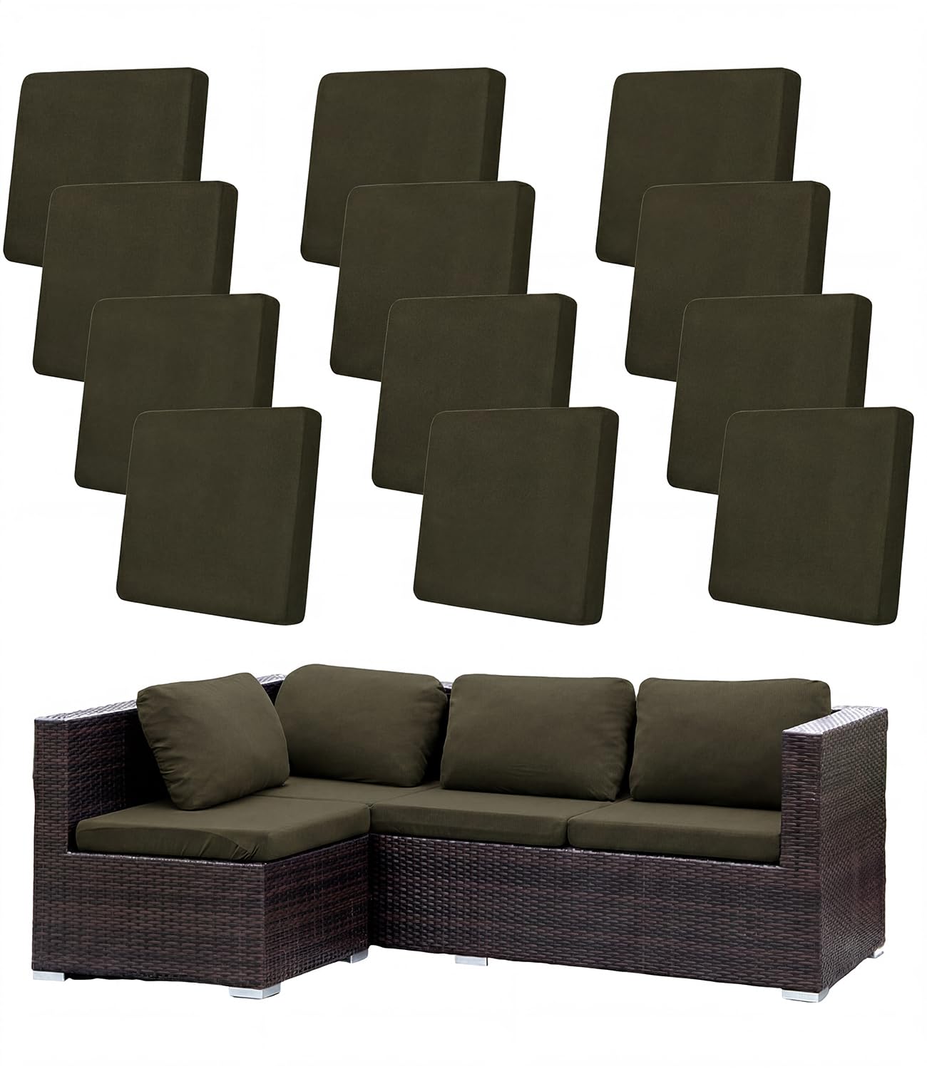 Hiseng Outdoor Cushion Covers, 12 PCS Green Patio Seat Cushion Covers, Stretch Sofa Seat Slipcovers, Couch Slipcover Replacement for Individual Cushion with Elastic Bottom