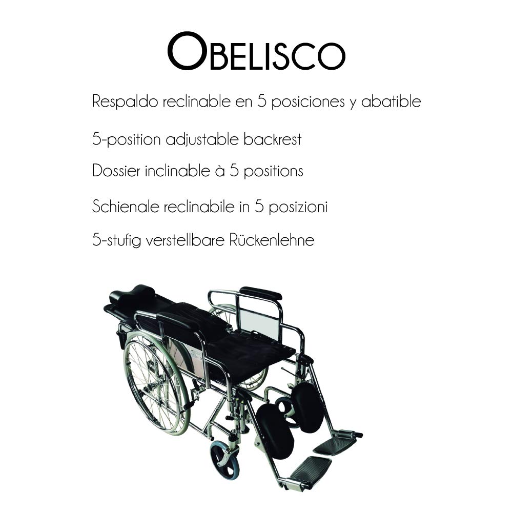 Mobiclinic®, Silla de Ruedas Plegable, Autopropulsable, Obelisco, Freno en Manetas, Respaldo Reclinable, Reposapiés y Reposabrazos Extraíbles, Asiento 46 cm, Ultraligera, Negro