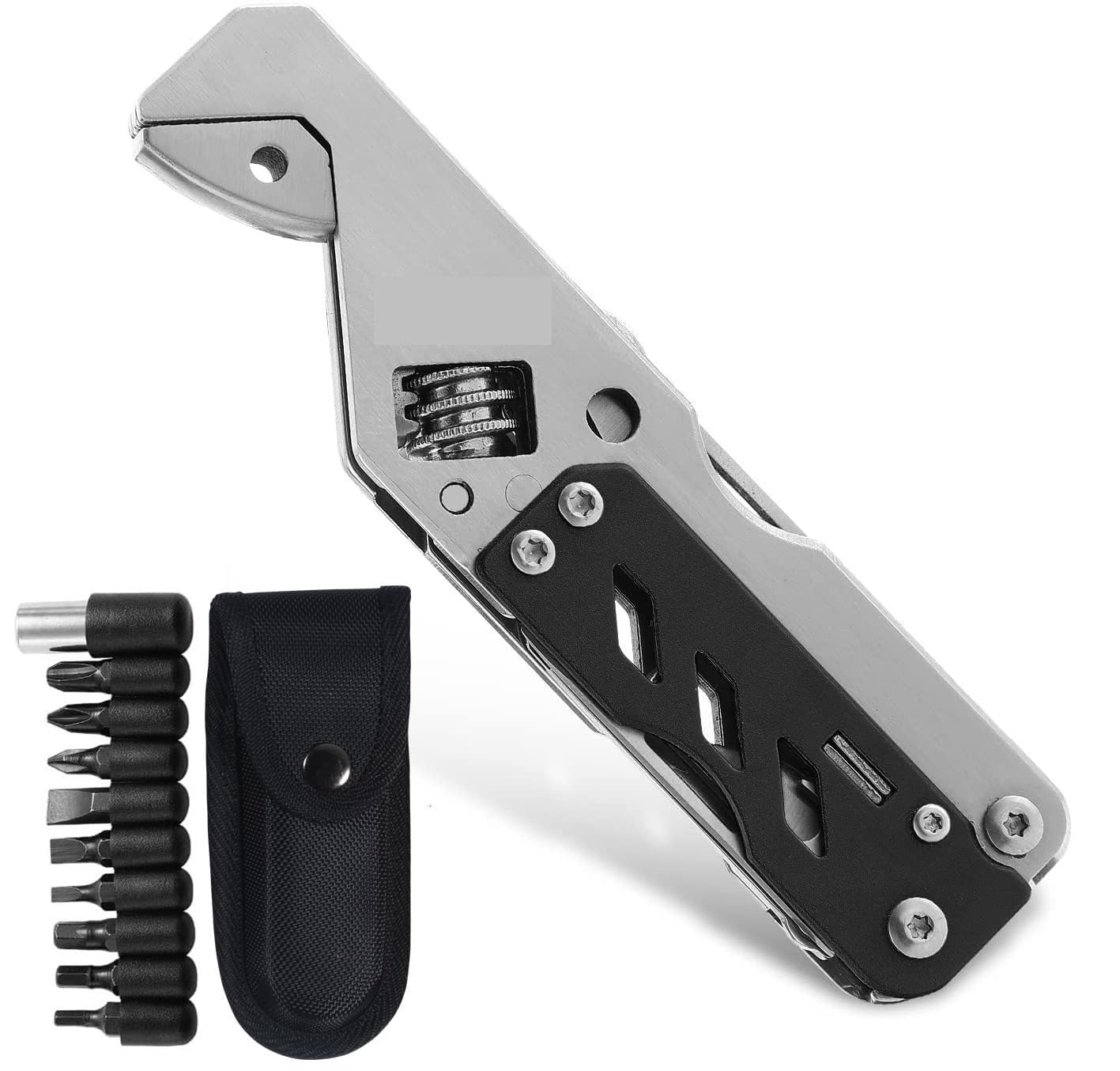 NALACAL Multitool Wrench, with 9 Different Sizes of Screwdriver Bits, Phillips Screwdriver, Portable Folding Multifunctional Adjustable Multi Purpose Stainless Steel Tool for Camping, Fishing, Hiking