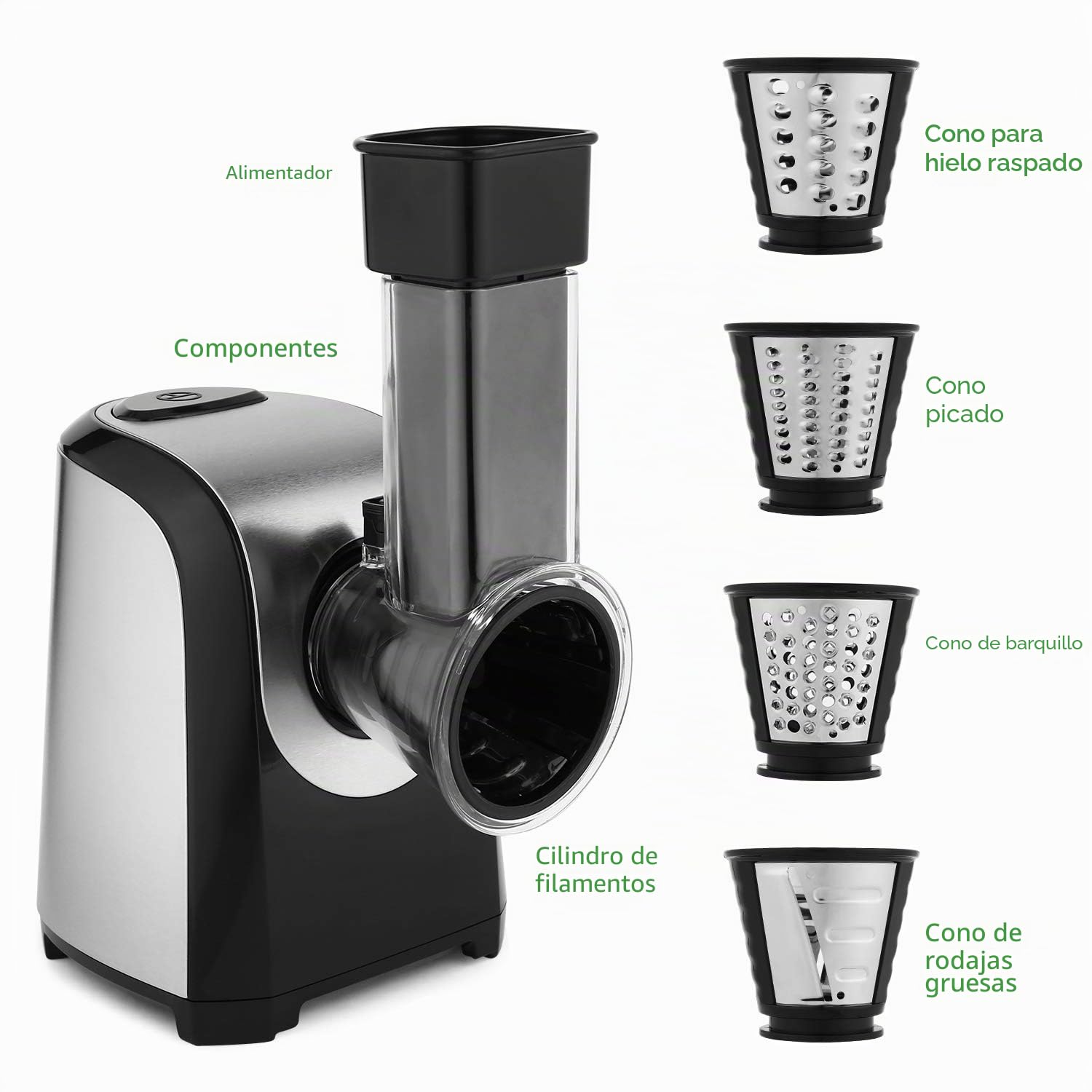 COOCHEER Rallador Electrico, Cortador de Verduras y Fruta Eléctrico 150W con 5 Accesorios y Tubo de Alimentación Grande,para Sus Verduras y Fruta, Sin BPA