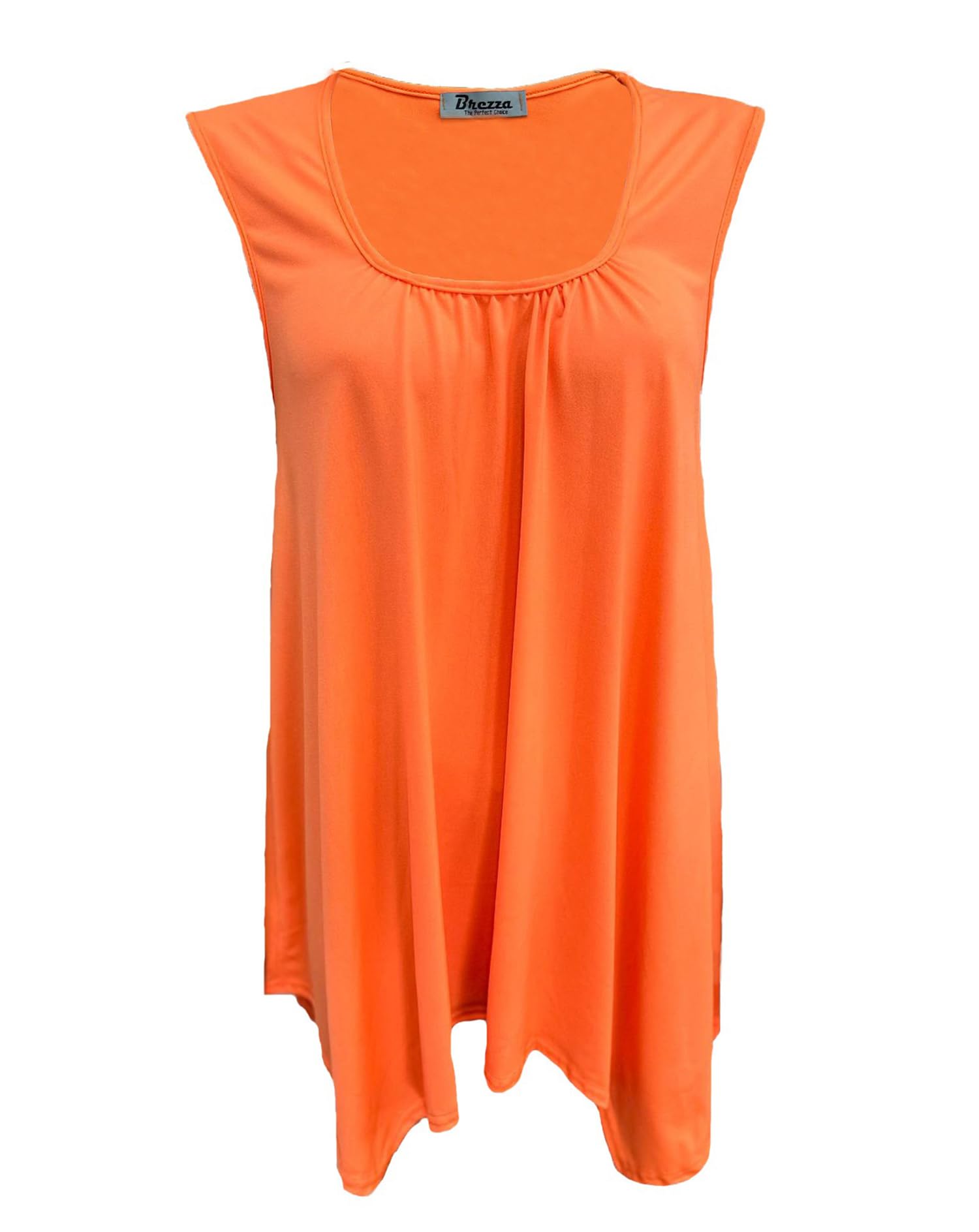Purple Hanger Women's Neon Orange Sleeveless Stretch Gathered Round Neck Uneven Hem Long Vest T-Shirt Top (As8, Numeric, Numeric_16, Numeric_18, Regular, Regular, )