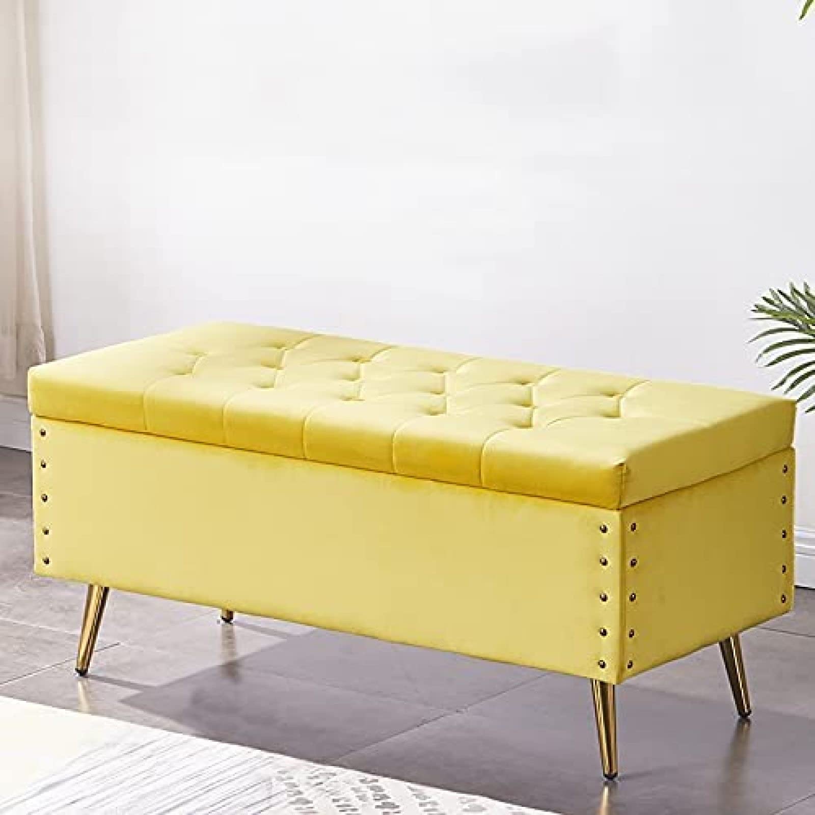 Otomana Ben para los pies de la Cama con Espacio de Almacenamiento, cómoda Sala de Estar con reposapiés tapizado, Lujosa otomana de Terciopelo, Amarillo Claro, 80 x 45 x 45 cm (31 x 18 x 18