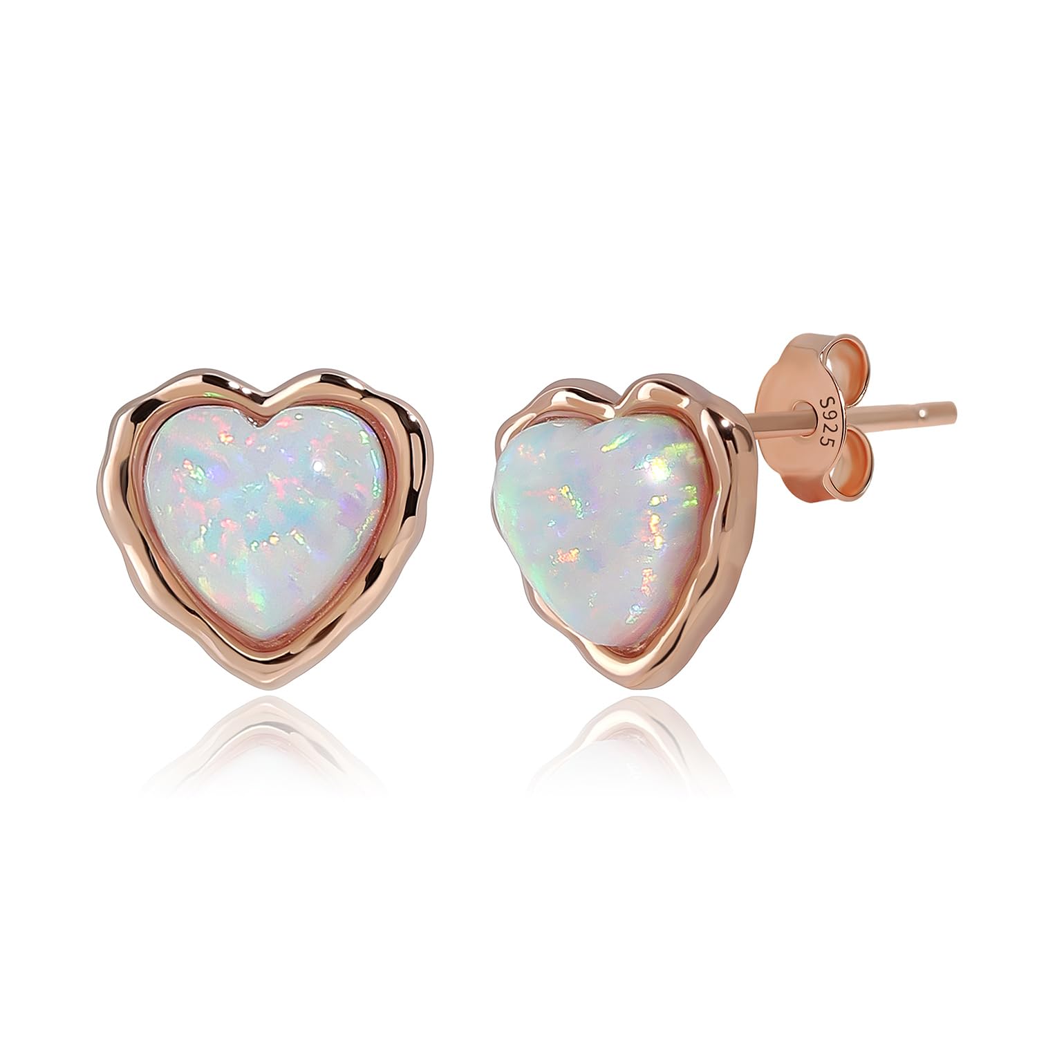 MeissaMeissa 925 Sterling Silver Opal Stud Earrings | Hypoallergenic Flat Back Stackable Cartilage Earrings for Women & Girls | Nickel-Free Dainty Jewellery Gift with Box, Rose Gold