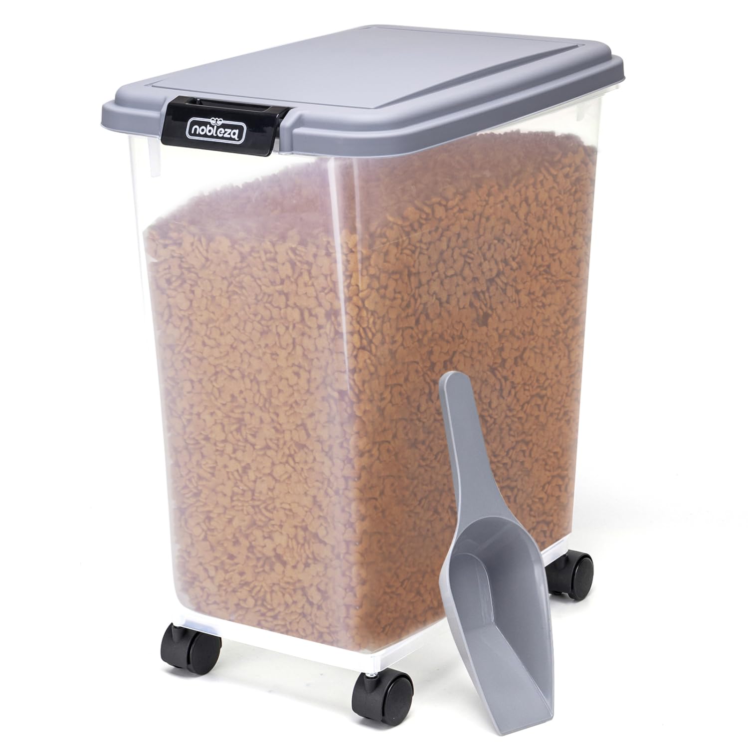 Nobleza - Contenedor de Comida para Mascotas 30L, Mascotas Caja de Alimentos con Ruedas Contenedor, Tapa abatible, hermética, Transparente, Ruedas y Pala, para Comida para Perros y Gatos, Gris