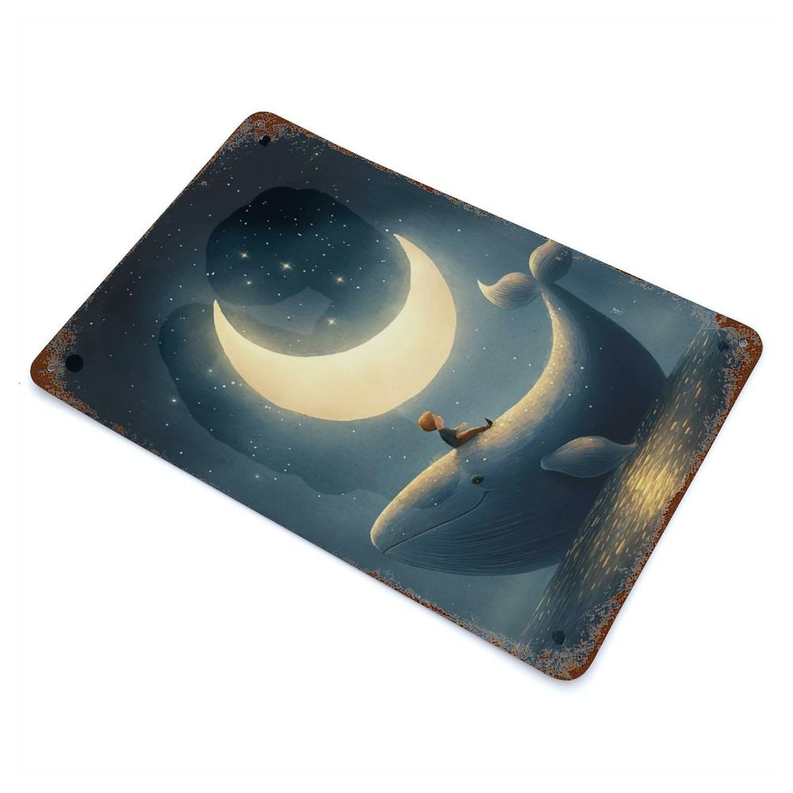 Distressed Metal Wall Sign with Whale Crescent Moon Design 11.8"x7.9", for Office, Studio And Wall Decor, Industrial Home Decor