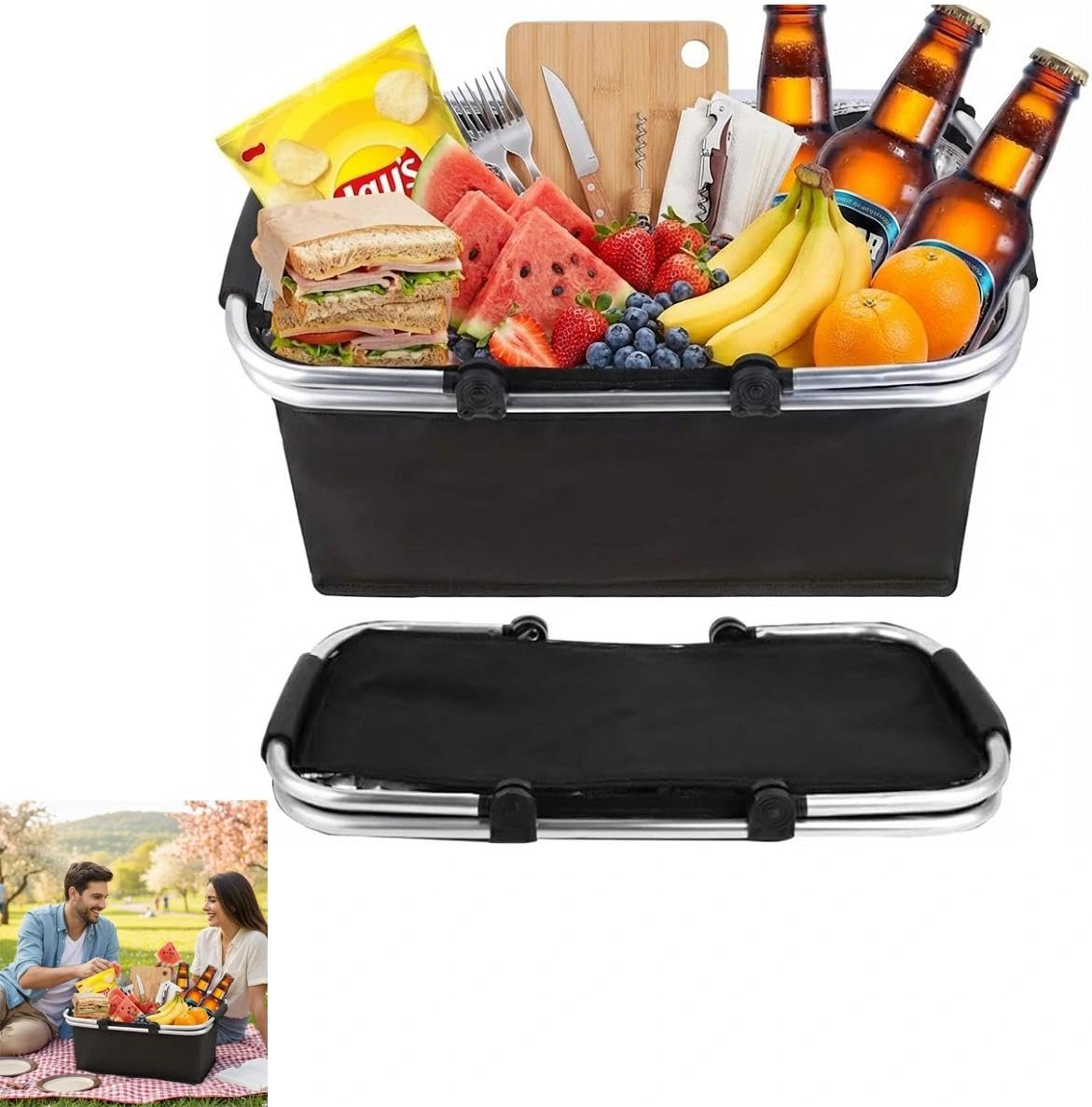 Einkaufskorb,Einkaufskorb Faltbar,Tragekorb,Kühlbox Tragbare Mit Gepolsterten Griffen,Thermo Als Picknickkorb, Für Reisen,Einkaufen,Picknick,1 Stück,30 Liter(Schwarz)