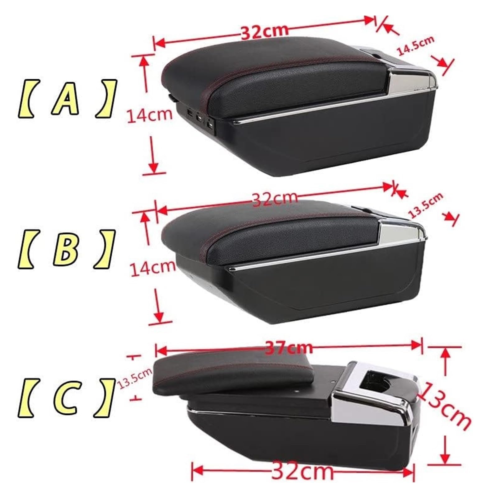 KAERGK Auto armsteunen voor Fiat 500 Middenconsole Dubbellaags opbergruimte met bekerhouders Gemakkelijk te monteren opberglade achter Comfortabel en duurzaam leer Zwart (Black Line