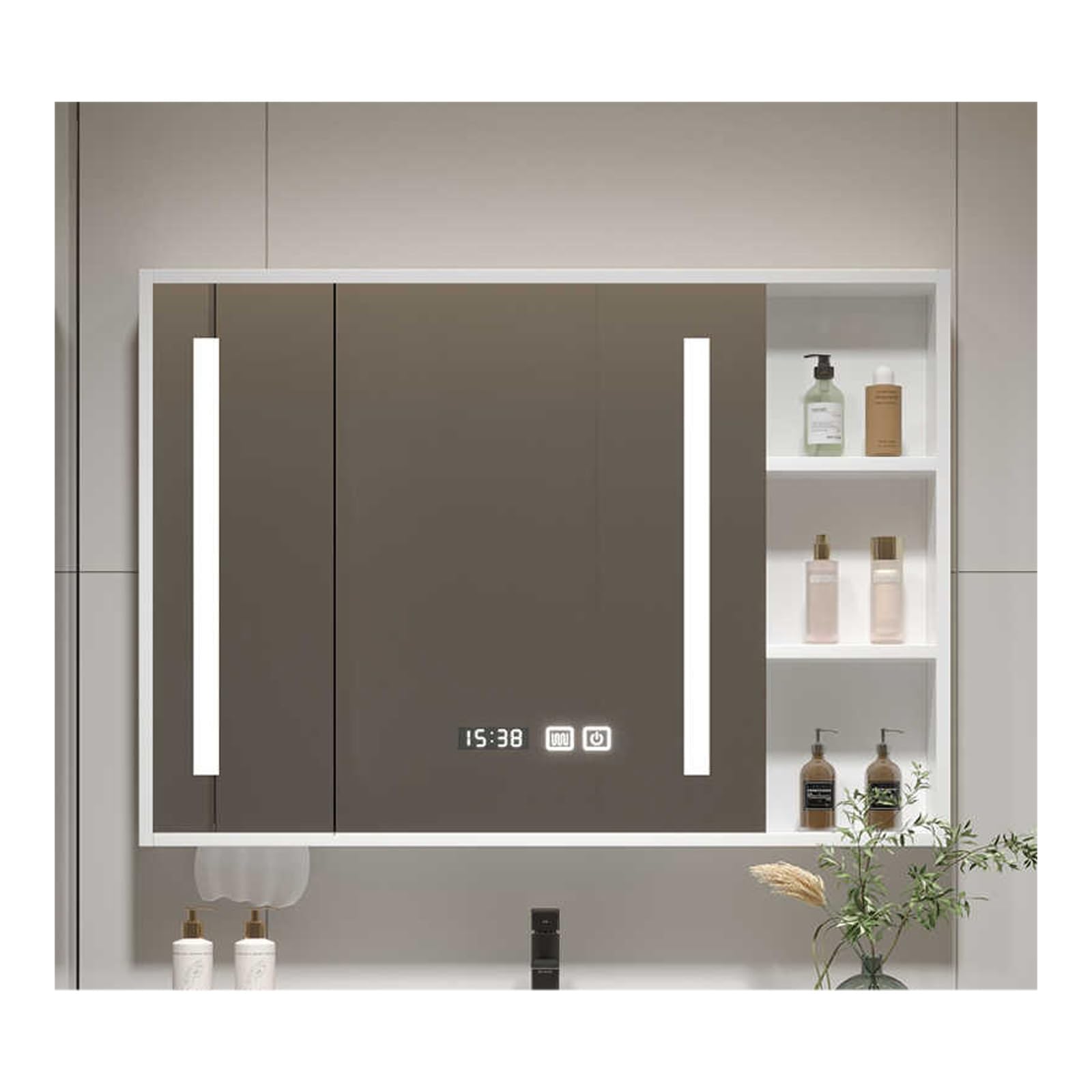 FLYIODFCXV bathroom mirror cabinet, With LED Lights，Large Storage Capacity, Smart Touch, Defogging Design, Solid Wood Panel(White,108 * 70cm/42.5 * 27.5in)
