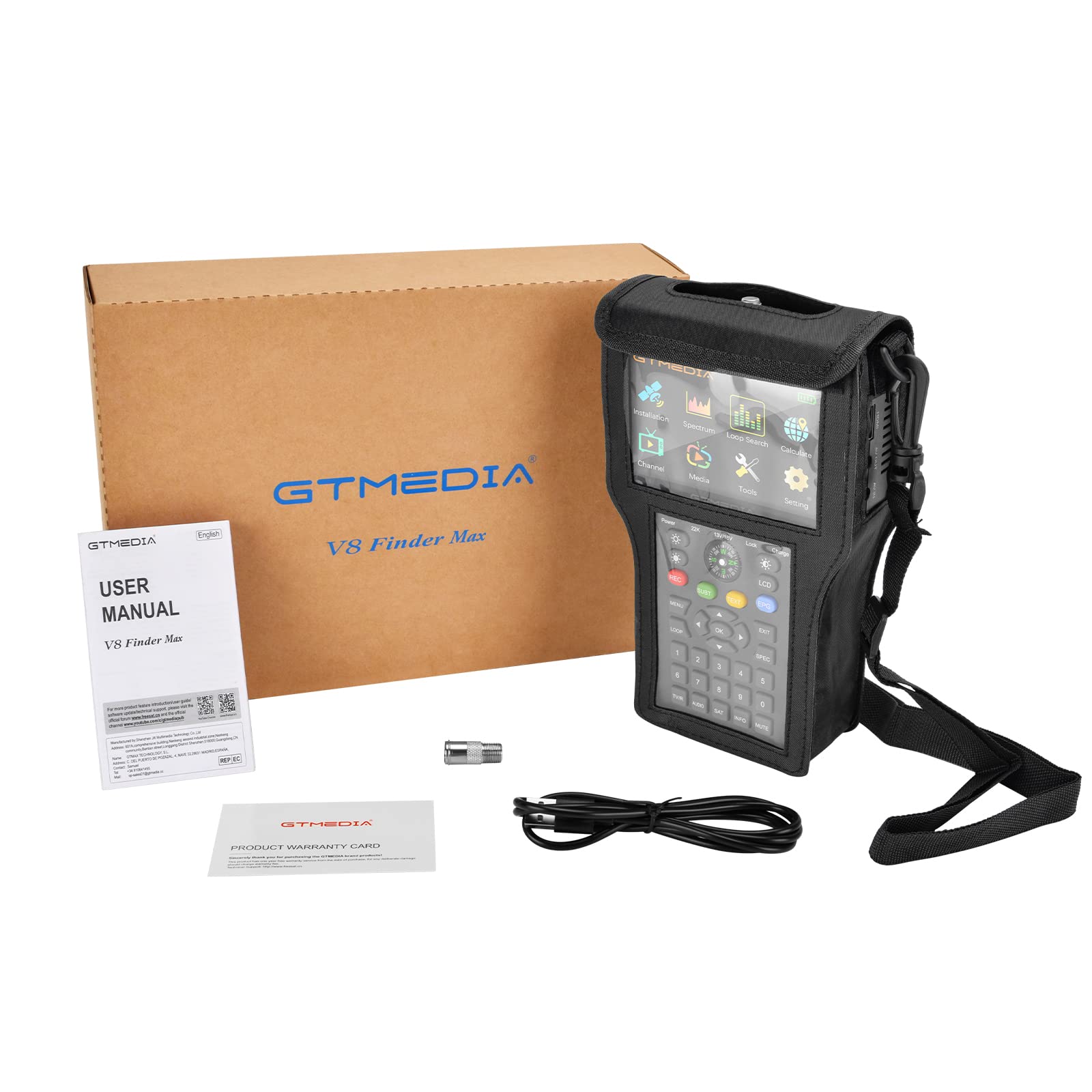 GT Media V8 FINDERmax Pointeur Satellites Sat Finder Meter Localisateur Signal Satellite Numérique décodeur DVB-S/S2/S2X orienter la Parabole Écran LCD 4,3" avec Sac de Transport et Boussole intégrée
