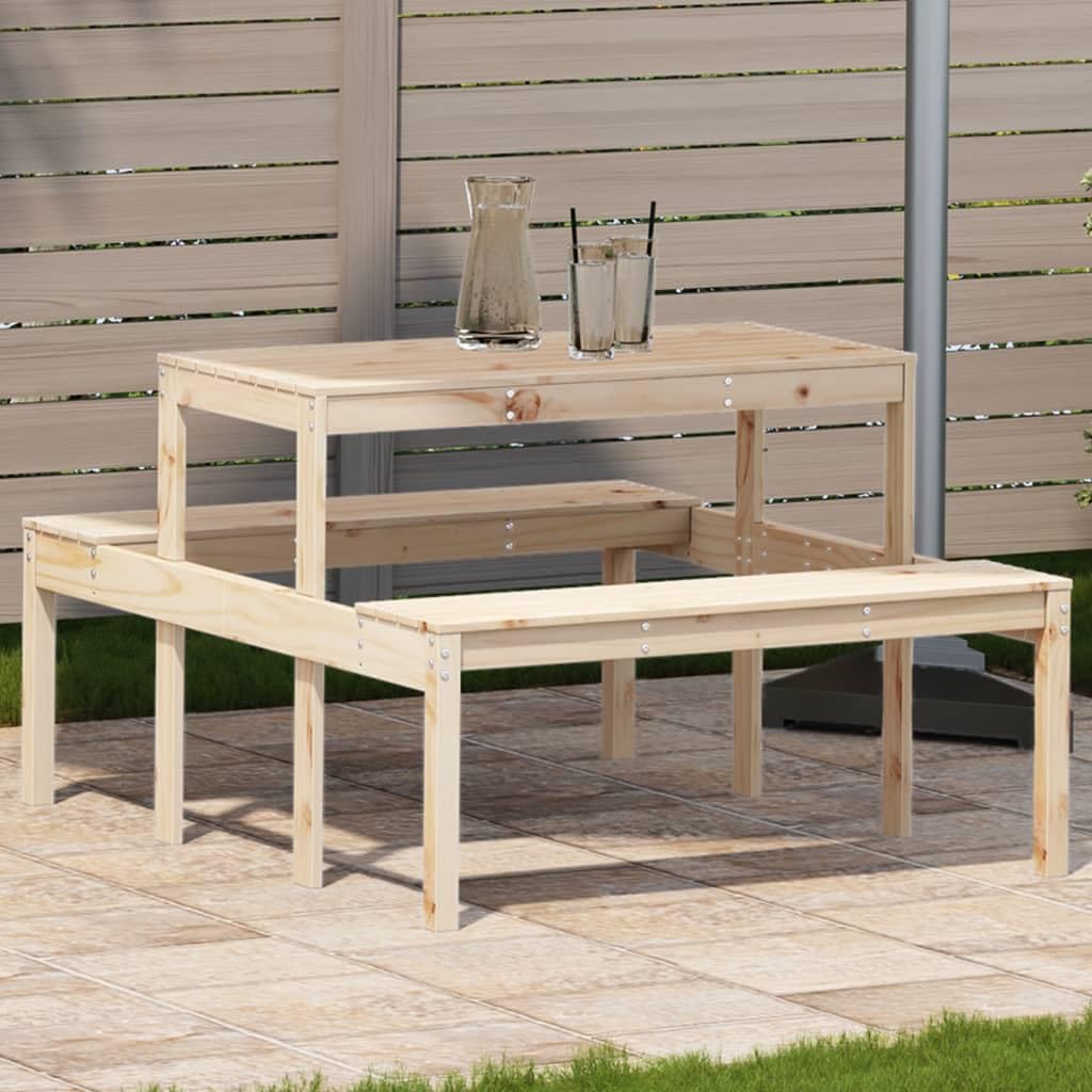 Mesa de picnic de madera maciza de 110 x 134 x 75 cm, madera de pino sin tratar, diseño de listones robusto, resistente a la intemperie, adecuada para jardín, terraza, balcón, camping