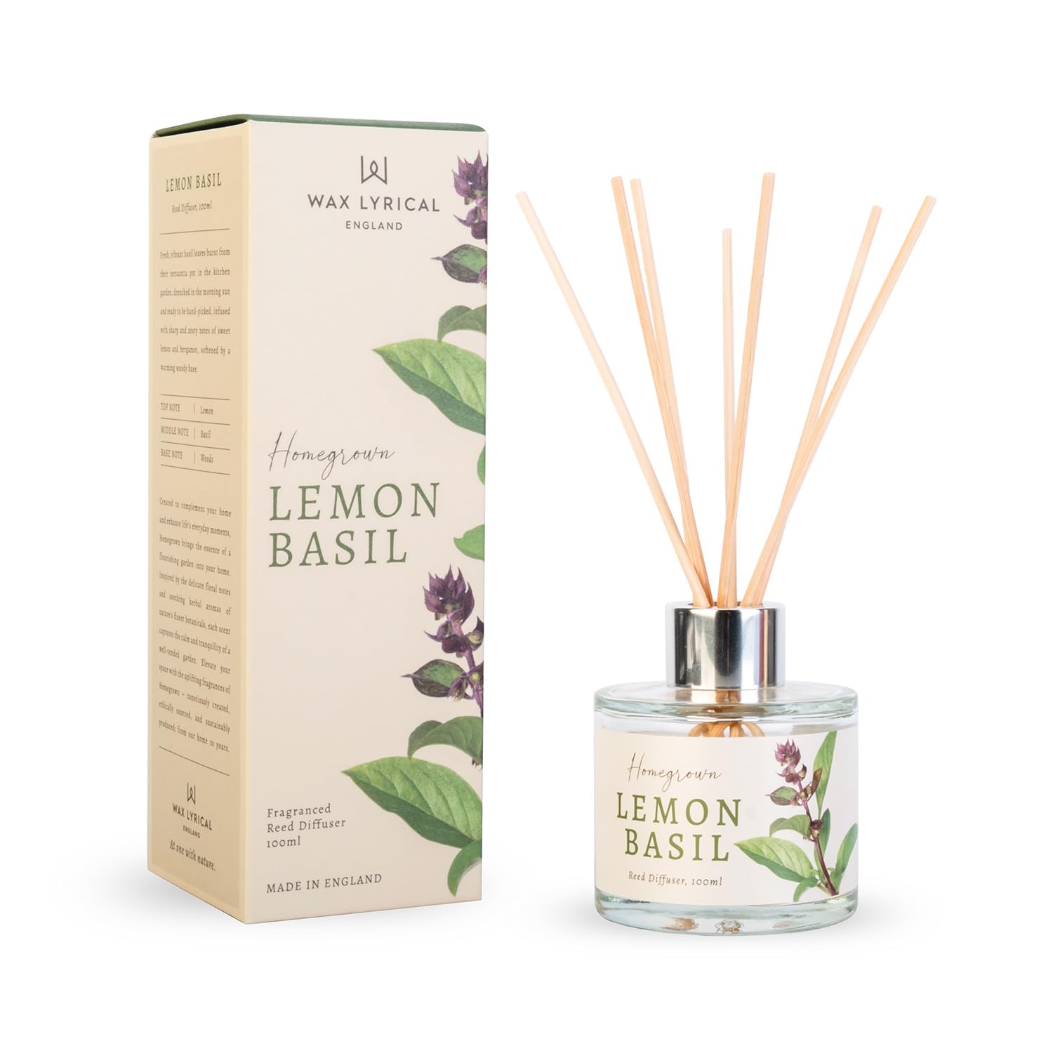 Wax Lyrical Homegrown Lemon Basil Reed Diffuser 100ml, Clear With Silver Accent