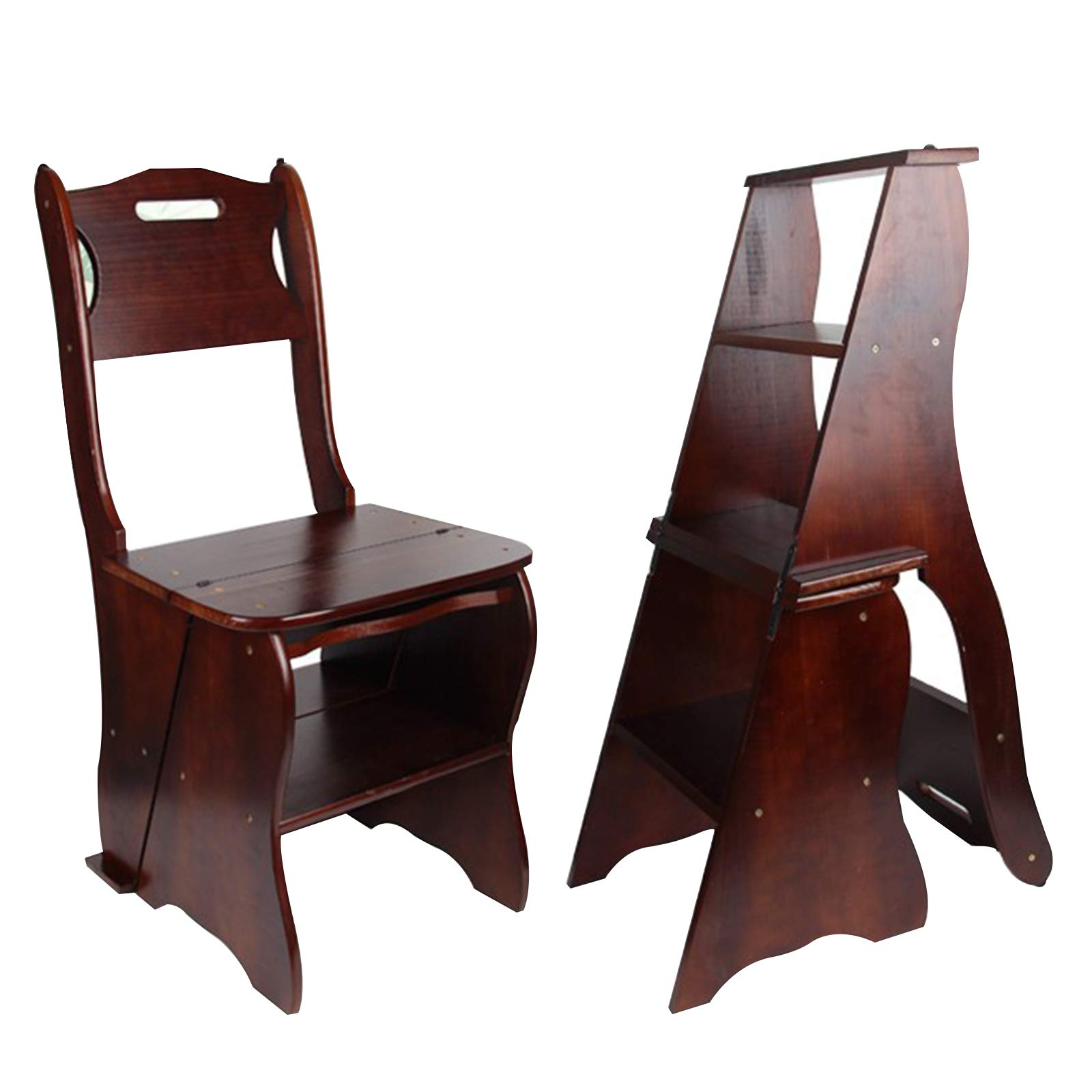 Wooden Folding Library Ladder Chair,2 in 1 Lightweight Portable Multifunctional Step Stool, 4-Step Stool Dual Purpose Stepladders, Display Stand and Flower Stand for Home(Dark Walnut)