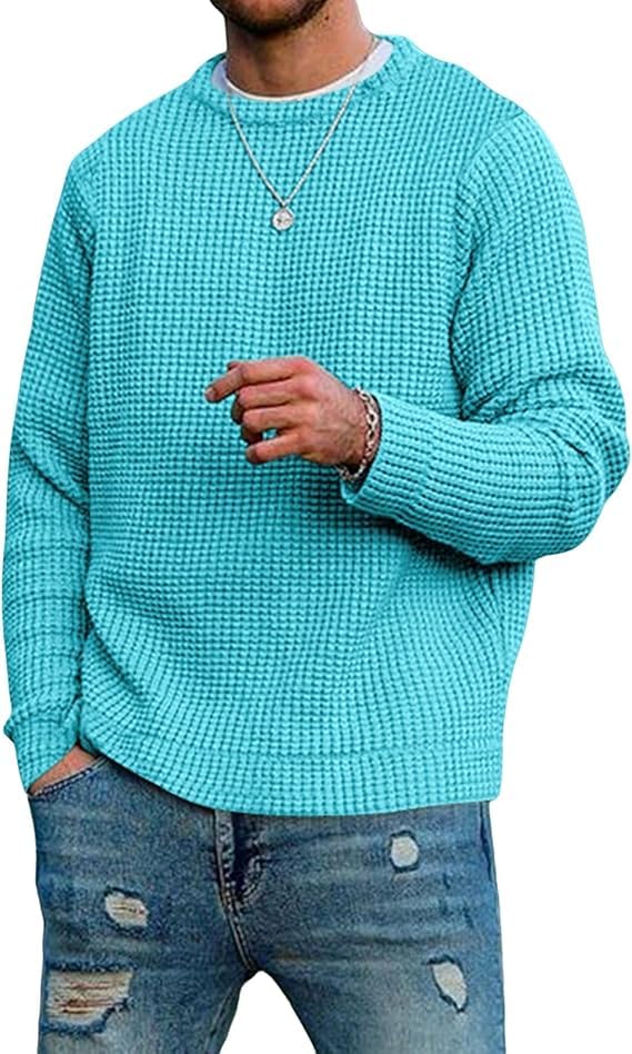 KELYWELL Mens Crewneck Knitwear Pullover Sweater Honeycomb Waffle Pullover Sweater Textured Long Sleeve Knitted Sweaters
