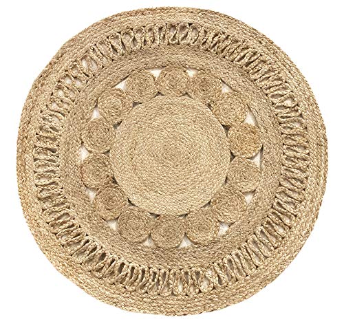 HAMID Alfombra Yute Alhambra Nazarí Color Natural Redonda - Alfombra 100% Fibra de Yute - Diseño Trenzado - Hecho a Mano - Alfombra de Fibra Natural (120x120cm)