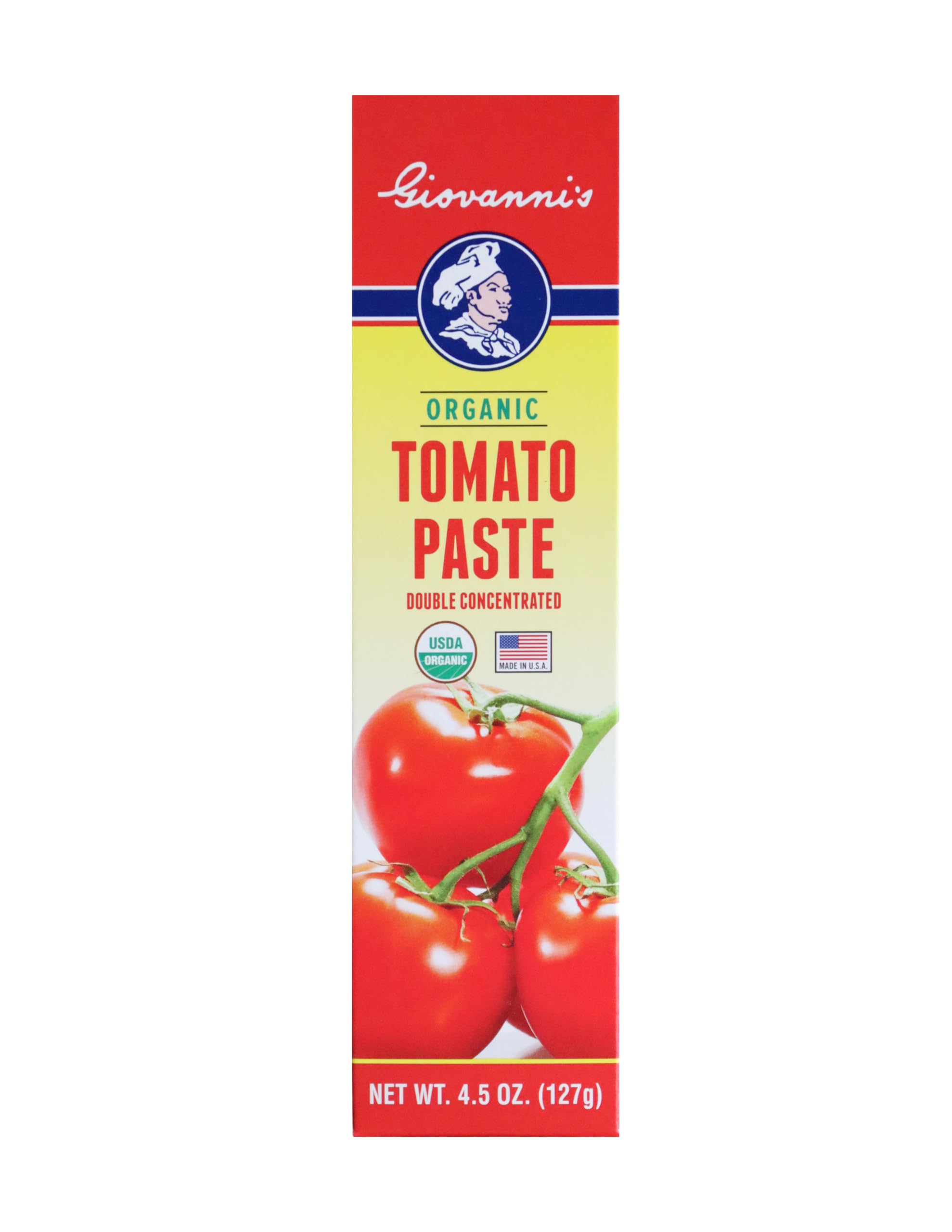 Giovanni’s Organic Double Concentrated Tomato Paste – 2 Pack (4.5 oz Tubes) | Made in the USA with Vine-Ripened California Tomatoes, Non-GMO, No Additives, Rich Flavor