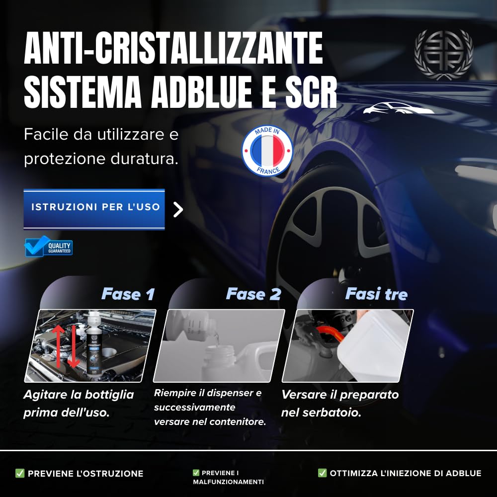 Anti-Cristalli AdBlue Additivo - 250 ml - SNQR | SNQR-103 | Protegge Sistema SCR | Pulisce Iniettori Urea | 1 Flacone Tratta 100L | Auto e Camion Diesel
