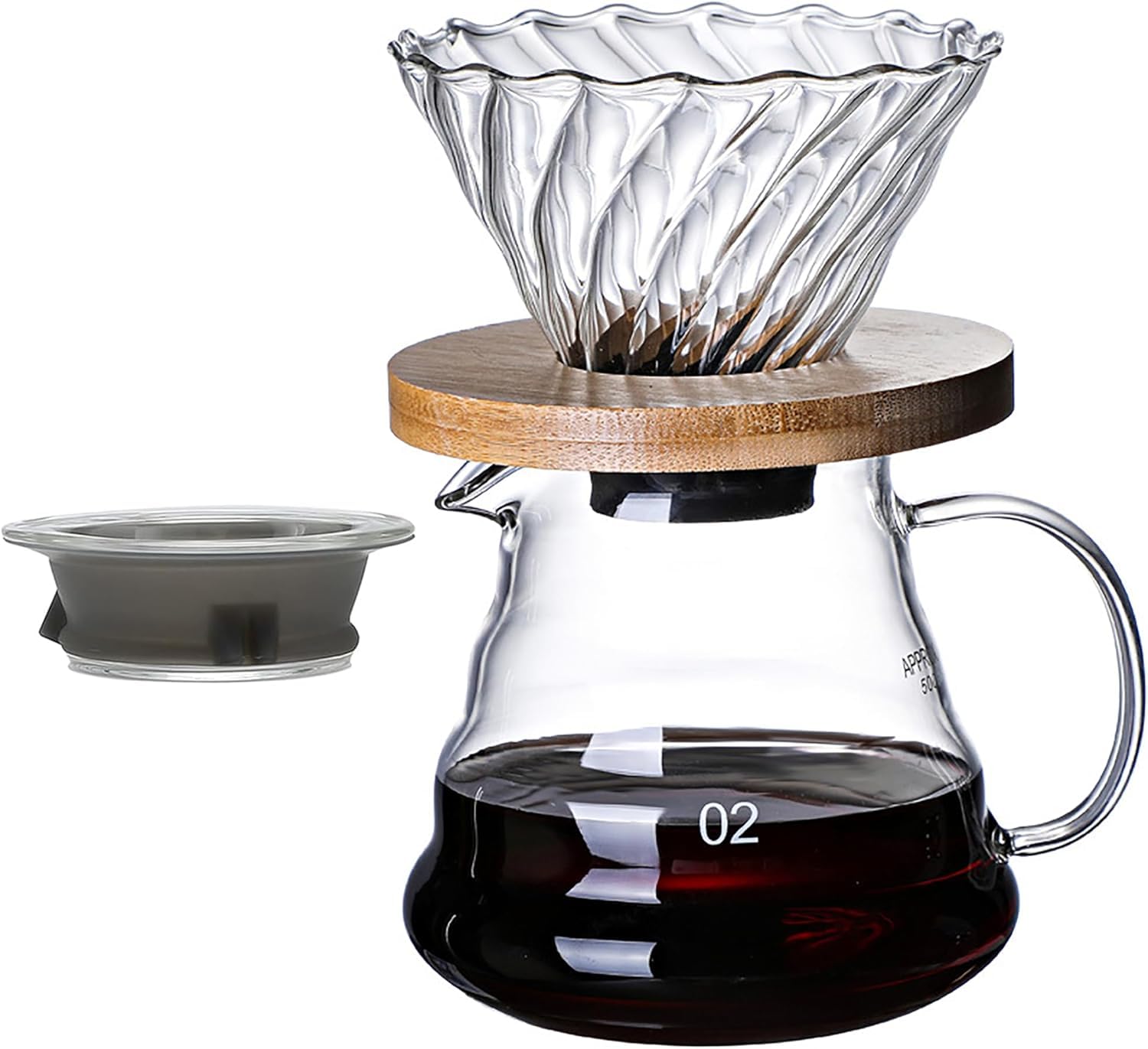 Pour Over Coffee Maker Set with Dripper Size 02,600ml Glass Coffee Server Set,V60 Glass Coffee Dripper with Wood Stand for Home Office Gift (Style 3)