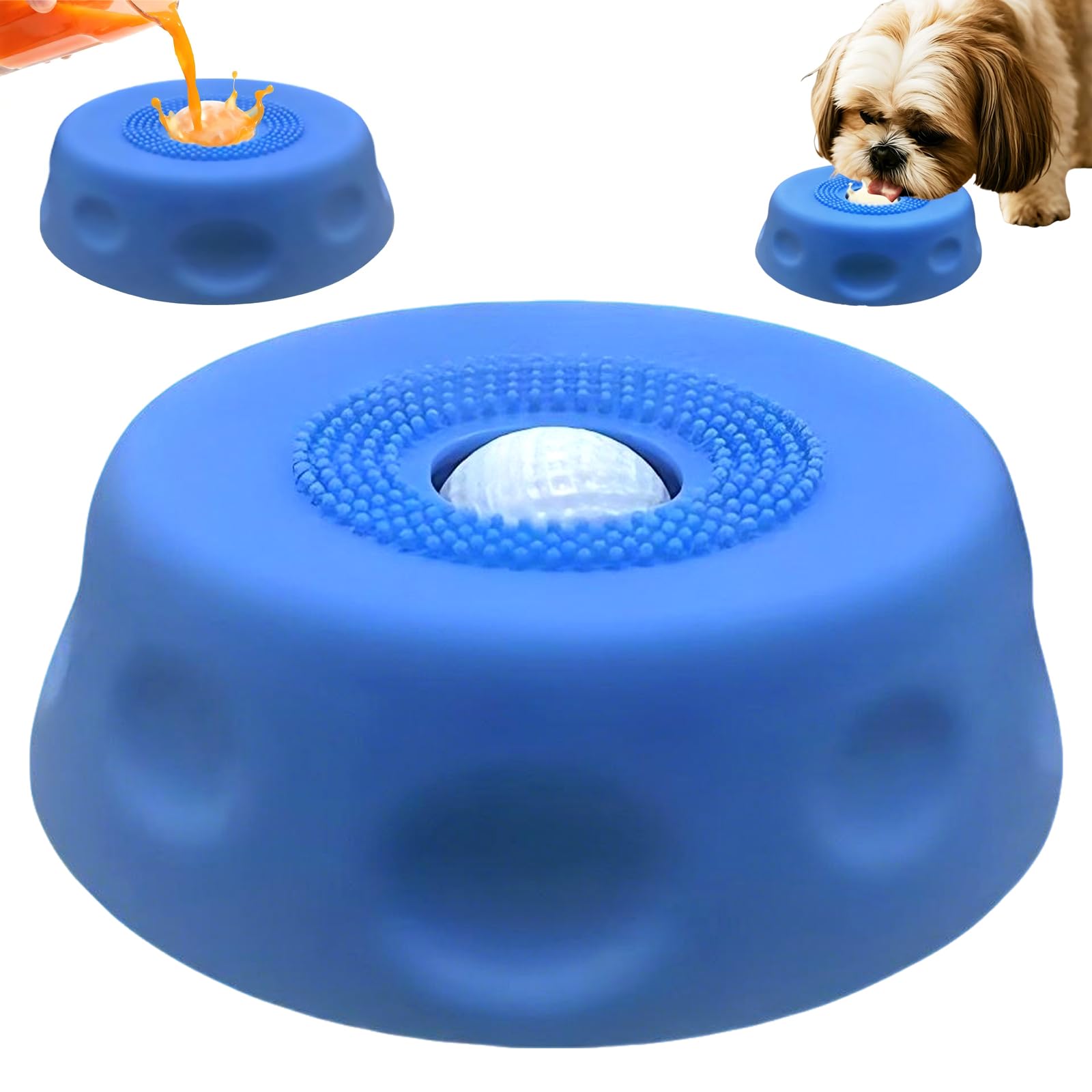 Dog Licking Bowl with Ball, Slow Feeder Dog Bowl, Upgraded Dog Lick Ball Bowls with Suction Cup Anti-Slip Design, for Bone Broth, Yogurt, Cats and Dogs Calm Feeding (Blue)