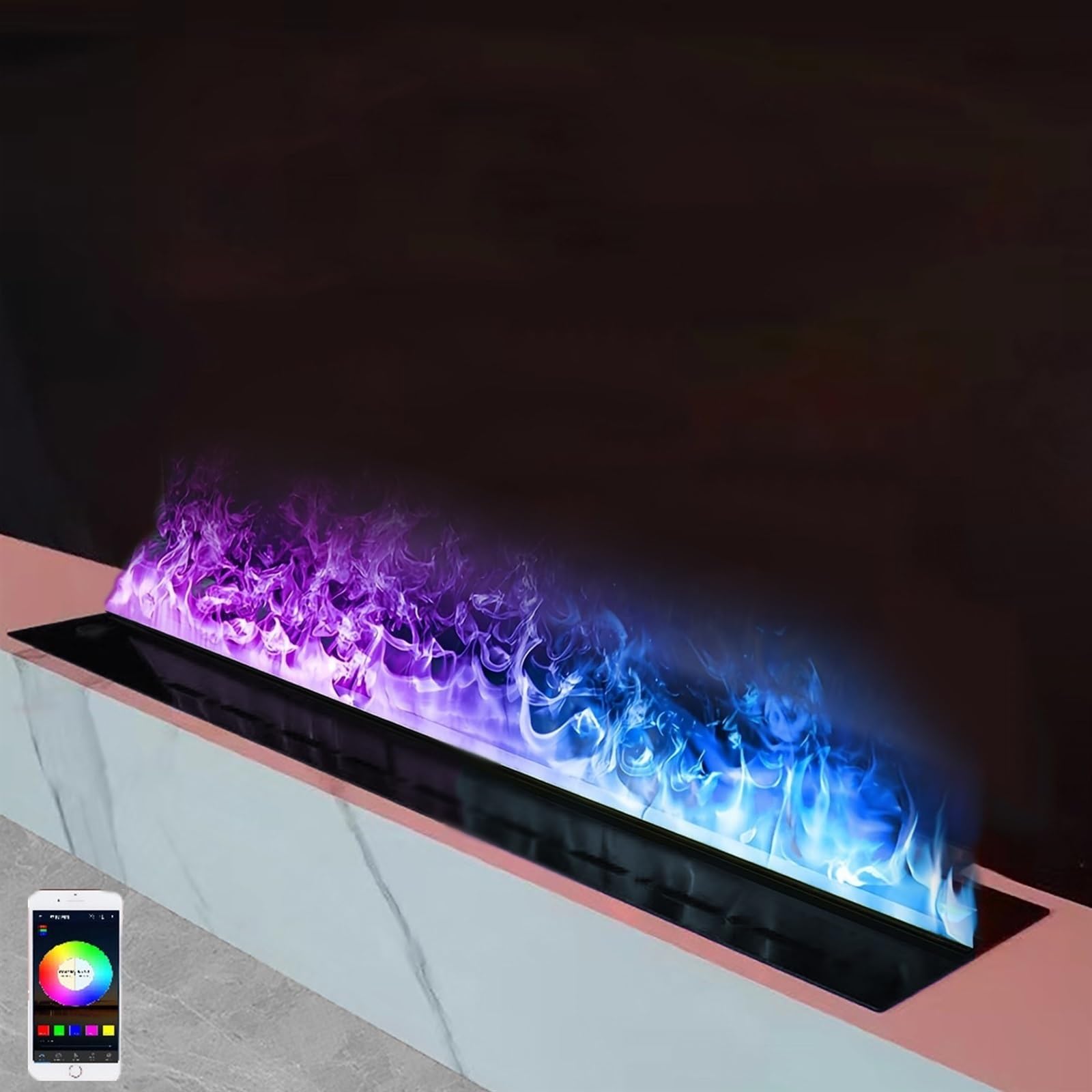 Kominek atomizujący 3D, wpuszczany kominek elektryczny z ekranem LCD, kominek parowy ze zdalnym sterowaniem i kontrolą APP, regulowane 64 kolory płomienia, realistyczny kolor płomienia(70cm/27.6in)