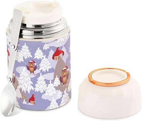Miniatura 1 de Tarro de comida de búhos de invierno de Navidad con cuchara de acero inoxidable aislado al vacío, contenedor de alimentos de 17 onzas para sopa