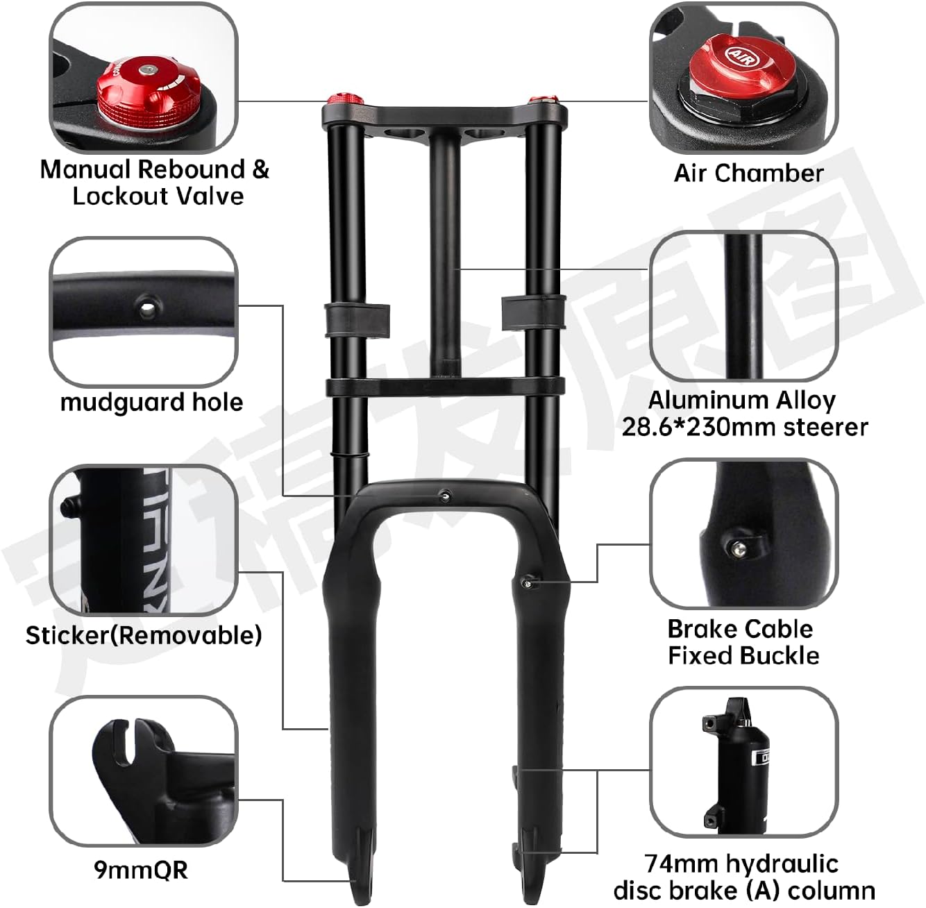 Bike Suspension Forks Double Crown 20 * 4.0inch Fat Tire Fork 1-1/8inch Thread-Less Straight Steerer 135mm Travel MTB Snow Beach Electric Bicycle Front Forks