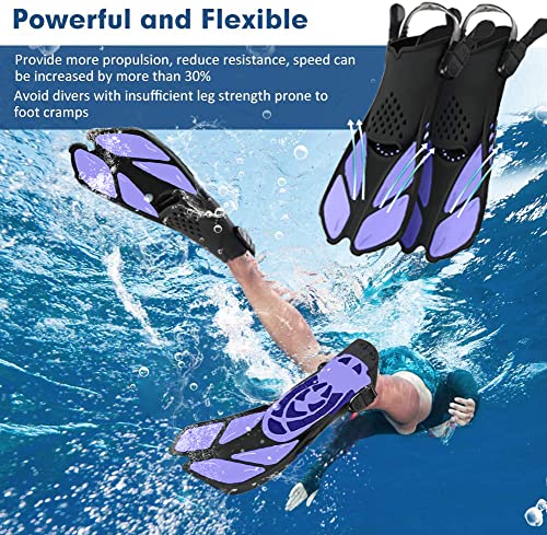 Image of Sugaroom Swim Fins Open Heel, Adjustable Snorkel Fins Diving Fins with Mesh Bag, Snorkeling Gear Flippers for Lap Swimming Scuba Dive Adult Men Women Kids (Purple, L /XL(Adult US Size 9-13))