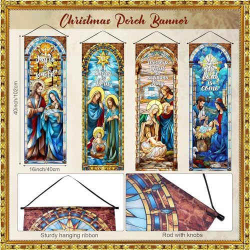Image of Panelee 4 Pcs Nativity Scene Banner Religious Christmas Backdrop Holy Nativity Stained Glass Style Wall Decorations Jesus Porch Sign for Xmas Indoor Outdoor Church Wall Hanging Decor