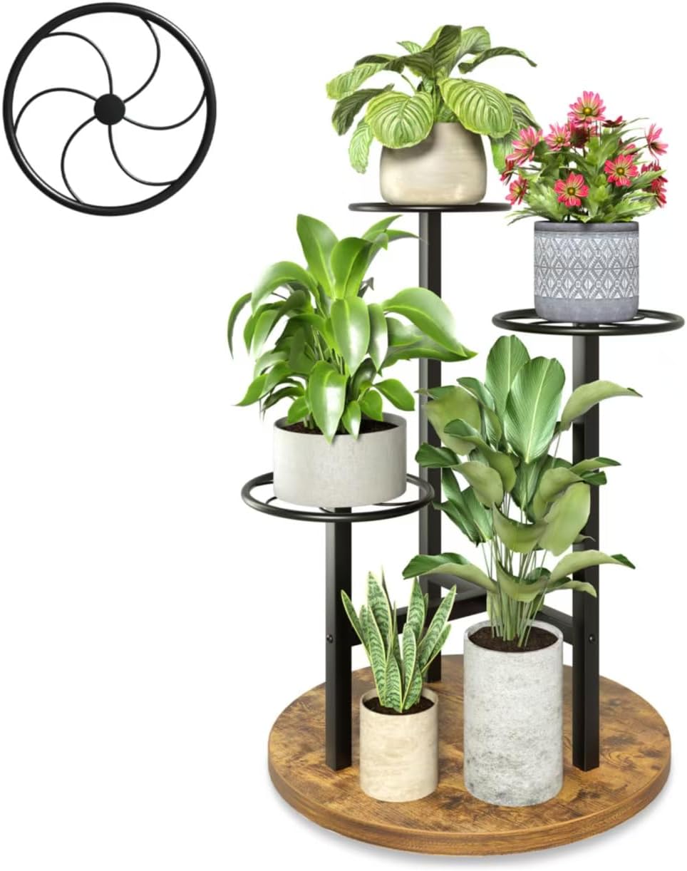3 Tier Plant Stand Indoor Outdoor,Tiered Plant Stands,Wood Plant Shelf for Multiple Plants, Wrought Iron Flower Stand, Tall Plant Rack Shelf for House Patio Garden - BlackKite