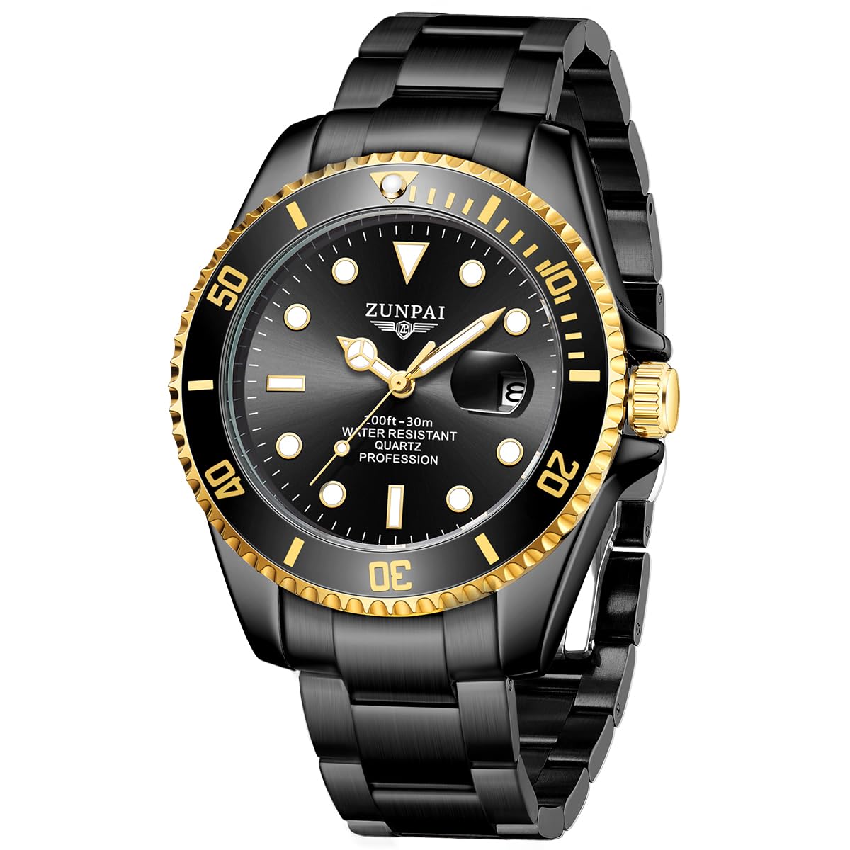 senstone Men's Watch Submariner Stainless Steel Strap Rotating Bezel Big Face with Luminous Calendar Water Resistant 30M