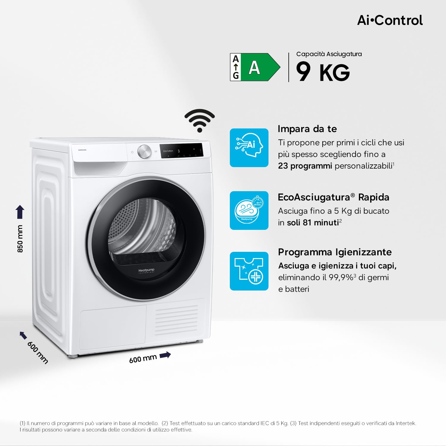 Samsung Asciugatrice AI Control DV90DG6845LE/U3, 9 kg, Pompa di Calore, Wifi, AI Dry+, Air Wash, Tecnologia Optimal Dry, Carica Frontale, 60L x 85H x 60P cm