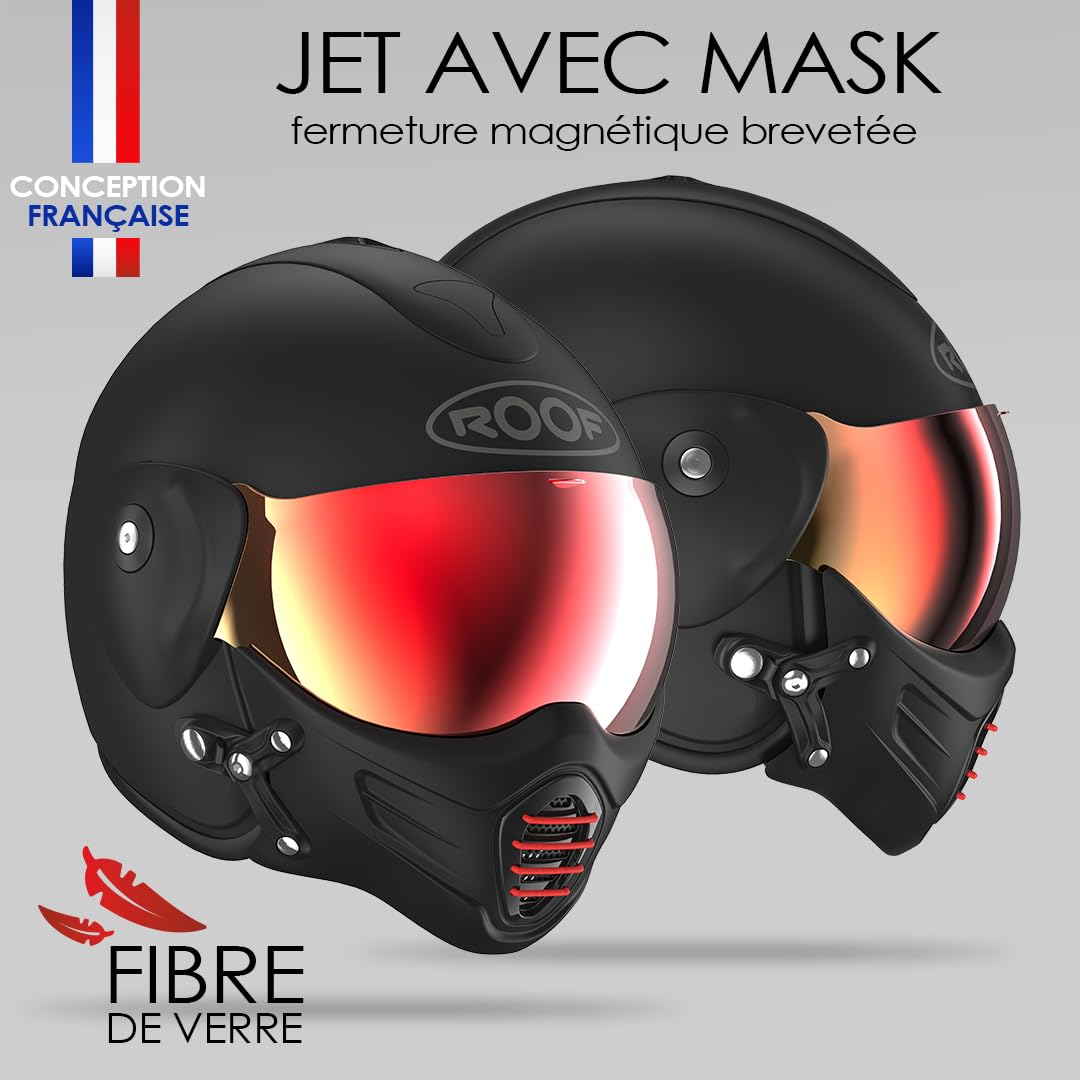 Casque Moto Jet Haut De Gamme ROOF Roadster en Fibre De Verre avec Mentonnière Amovible Magnétique Écran Iridium Inclus– Couleur Iron Noir Mat/Rouge - Offre Directe Usine - Garantie 4 Ans